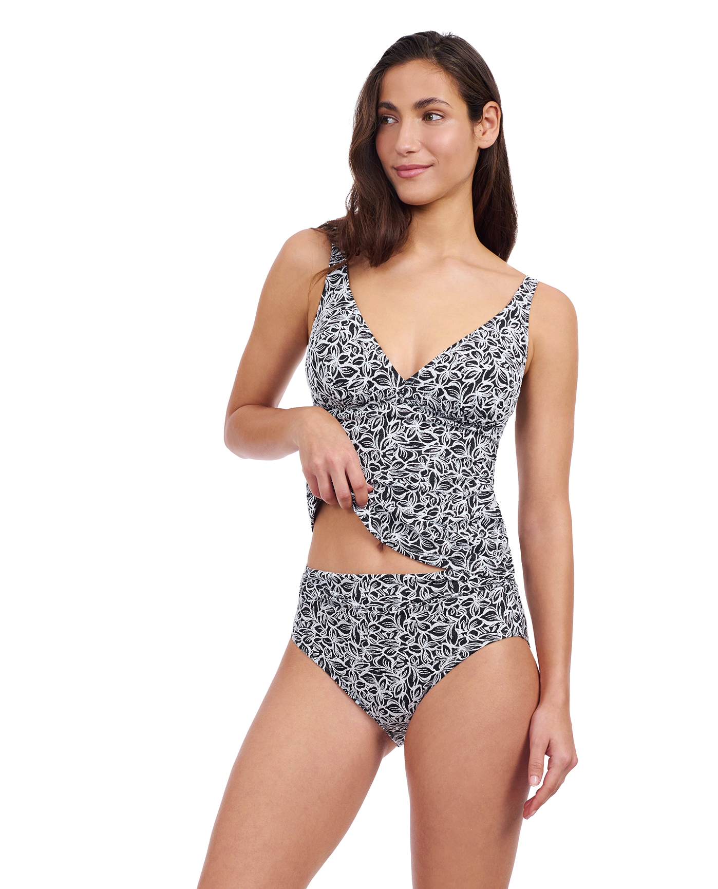 Profile By Gottex Plumeria D-Cup Textured V-Neck Tankini Top | Profile Plumeria Black and White