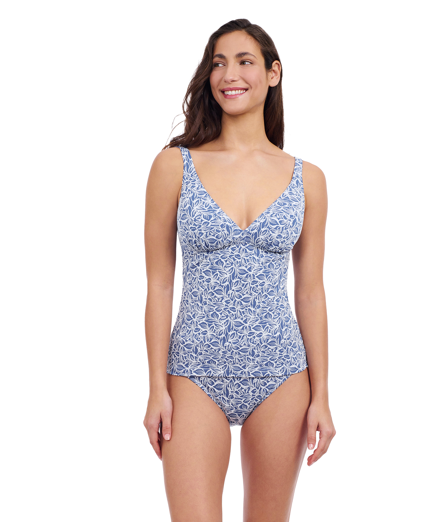 Profile By Gottex Plumeria D-Cup Textured V-Neck Tankini Top | Profile Plumeria Jean and White