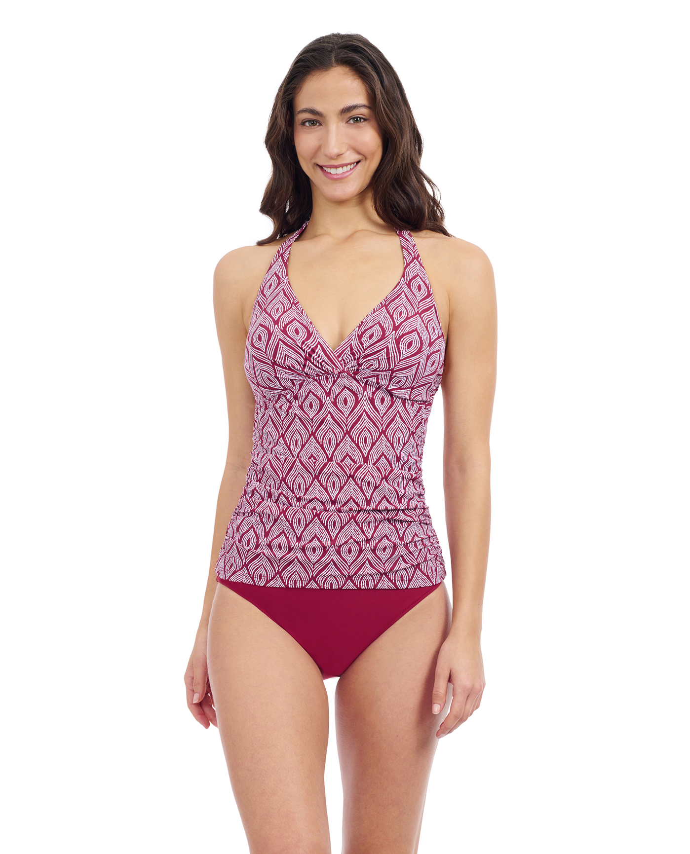 Profile By Gottex Plume V Neck Halter Tankini | Profile Plume Brick and White