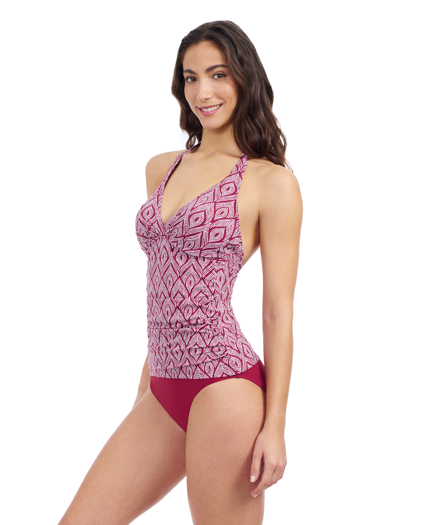 Profile By Gottex Plume V Neck Halter Tankini | Profile Plume Brick and White