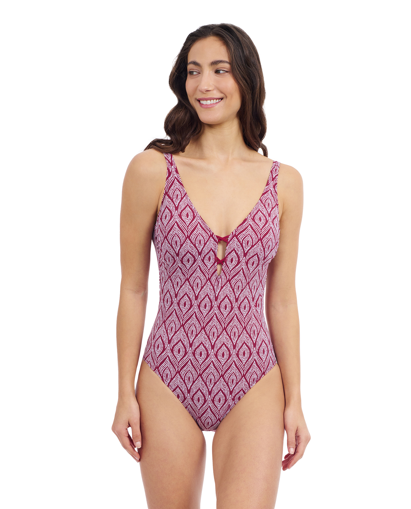 Profile By Gottex Plume V Neck Deep Plunge One Piece Swimsuit | Profile Plume Brick and White