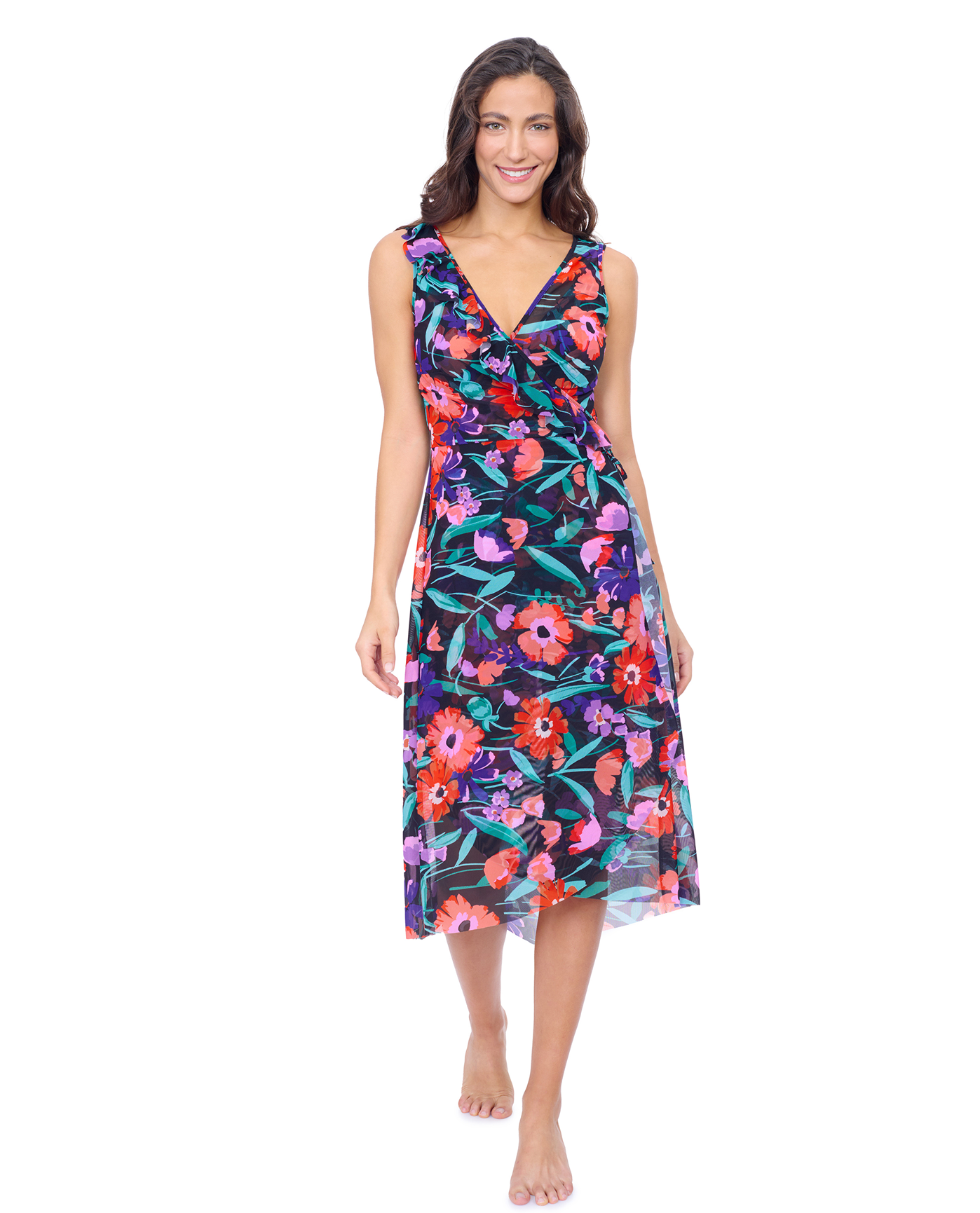 Marguerite V Neck Asymmetrical Ruffle Midi Wrap Mesh Dress