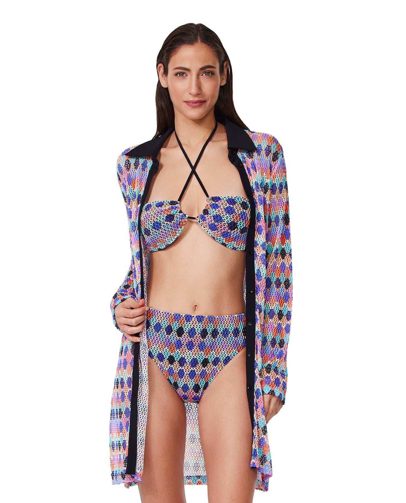 Retro Riviera Netted Crochet Buttoned Tunic Cover-Up