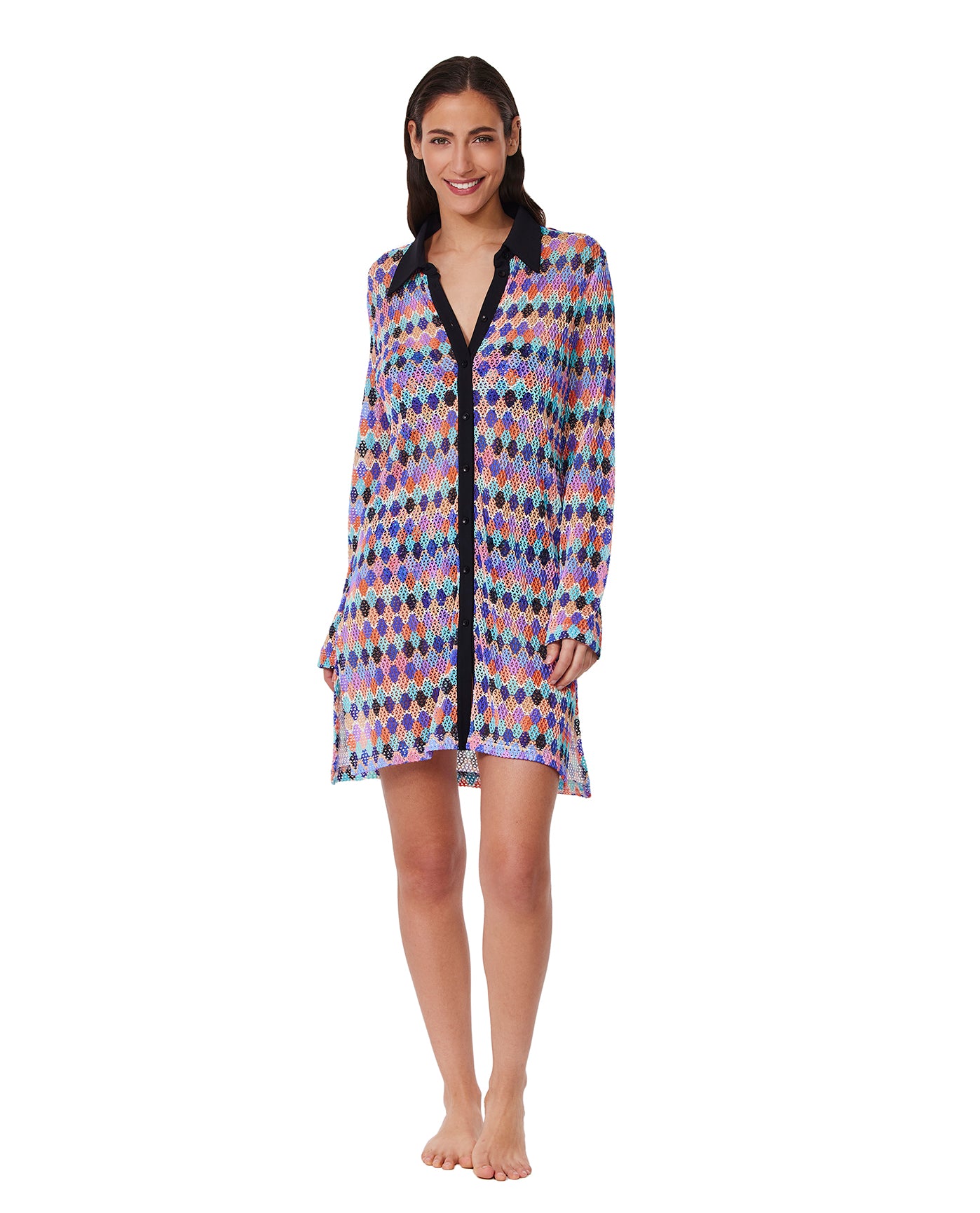 Retro Riviera Netted Crochet Buttoned Tunic Cover-Up