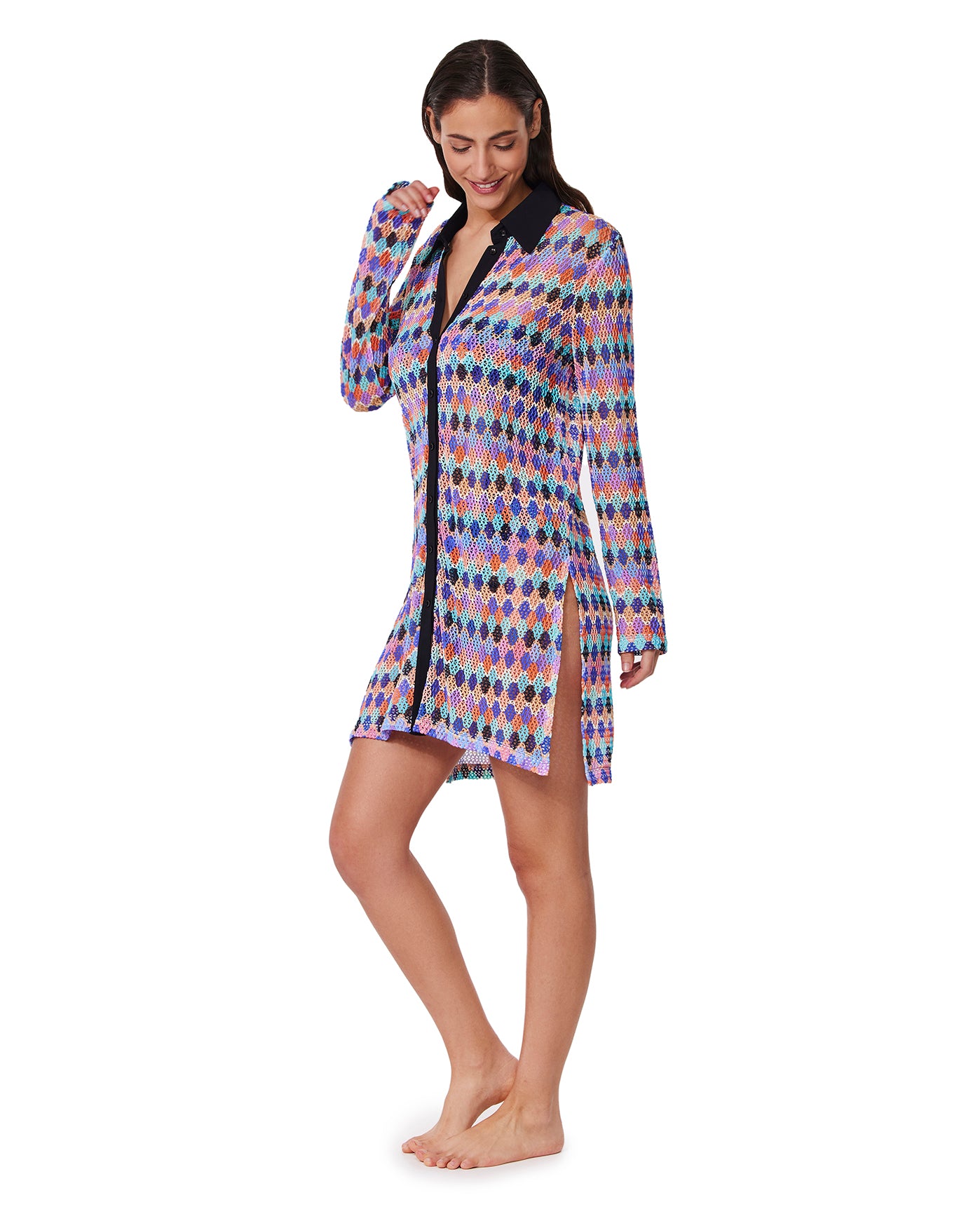 Retro Riviera Netted Crochet Buttoned Tunic Cover-Up