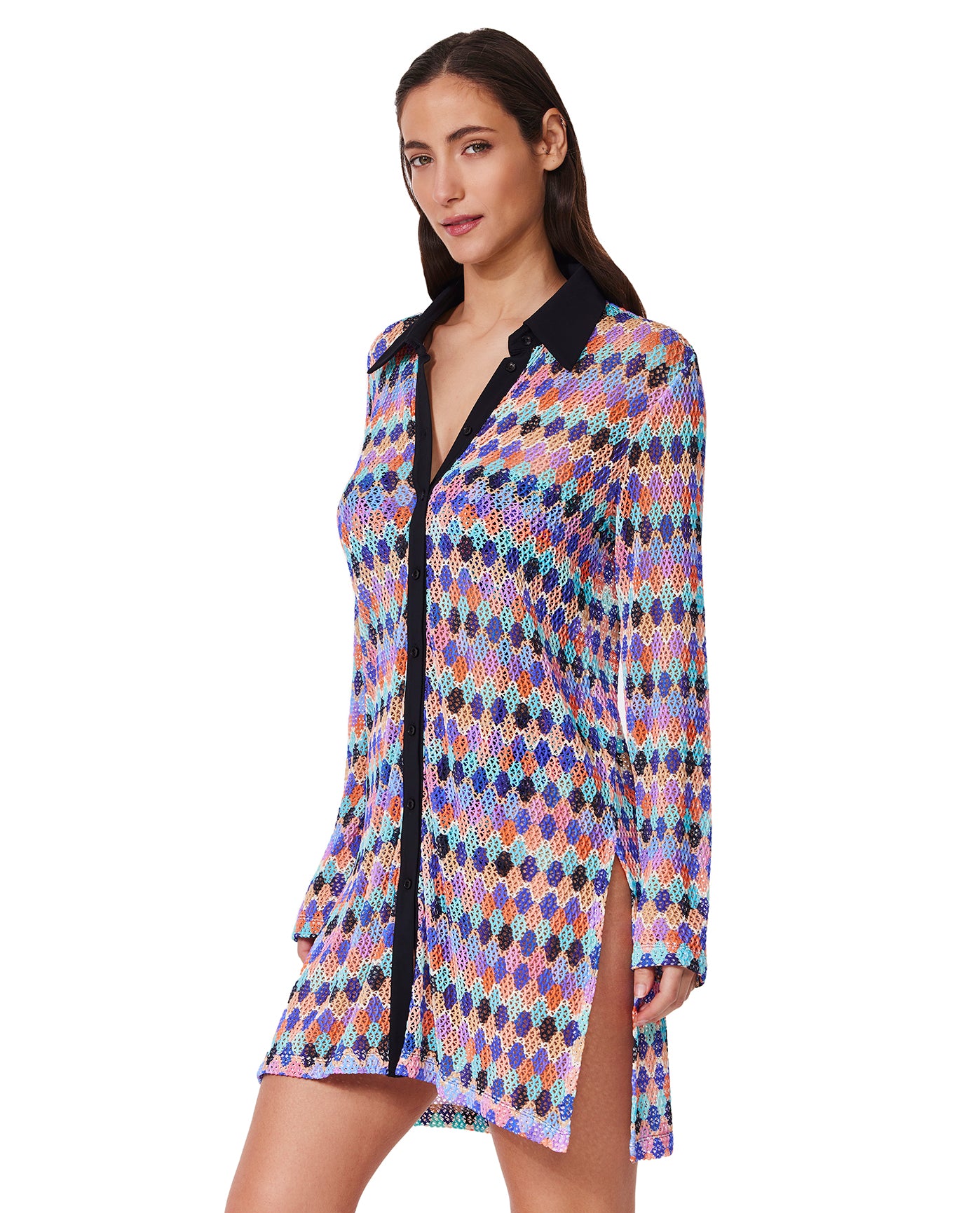 Retro Riviera Netted Crochet Buttoned Tunic Cover-Up