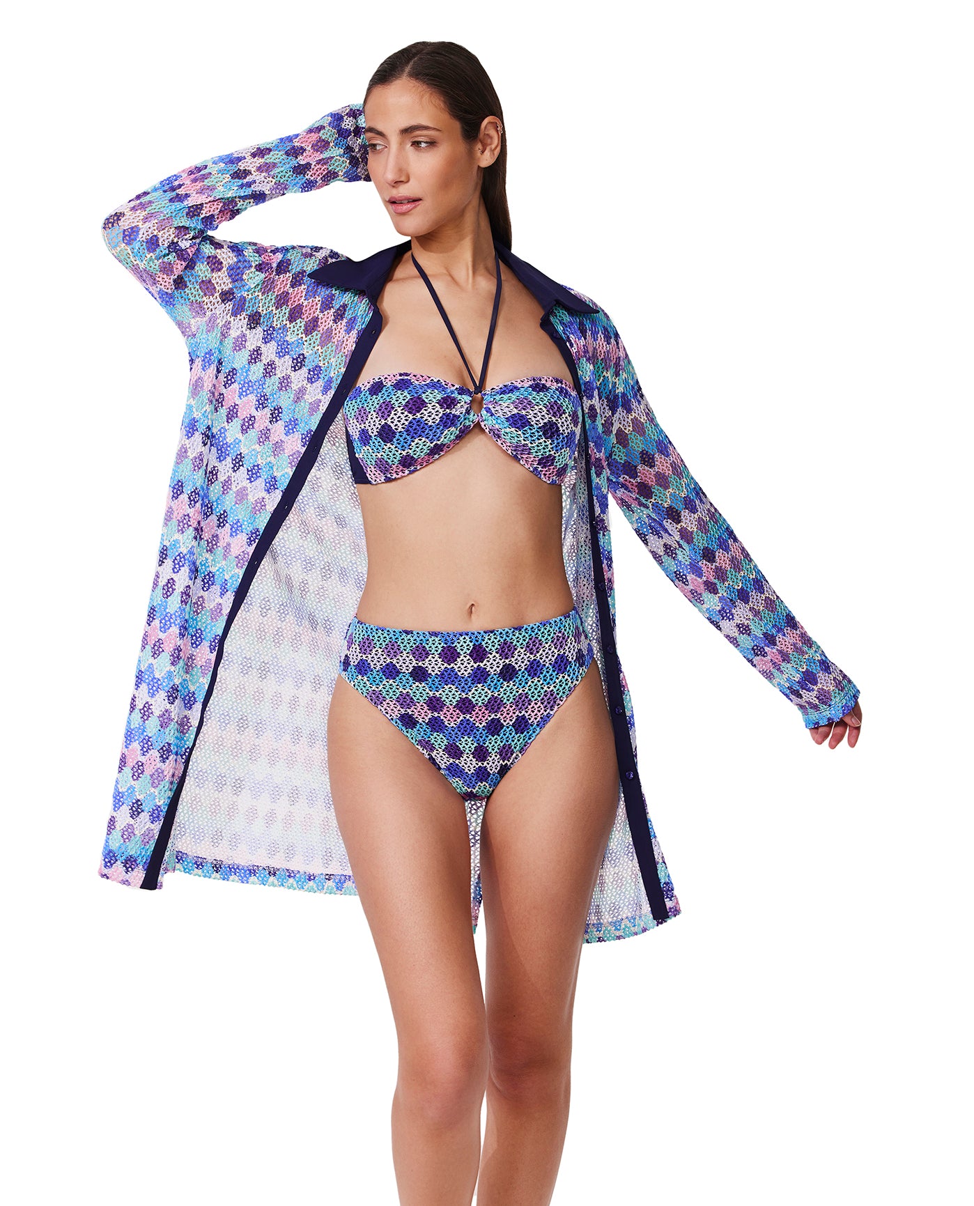 Retro Riviera Netted Crochet Buttoned Tunic Cover-Up