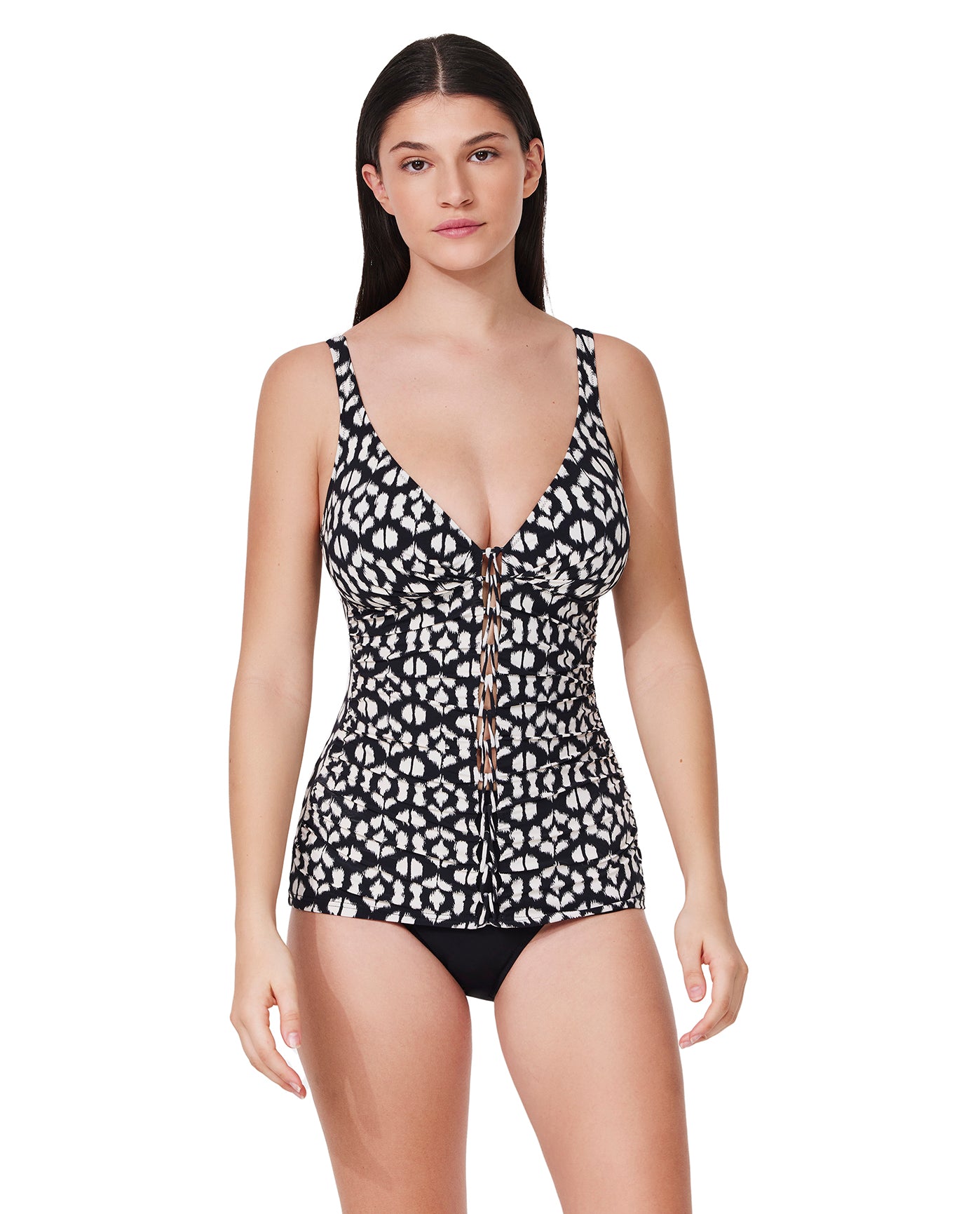 Front View Of Mantra Braided V-Neck D-Cup Tankini Top | mantra-black-white