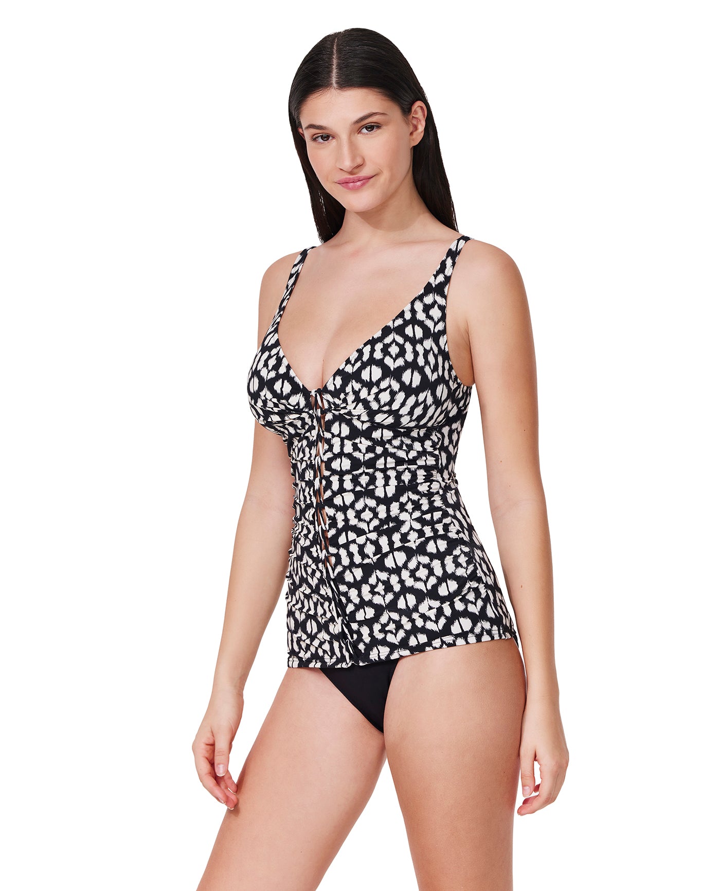 Side View Of Mantra Braided V-Neck D-Cup Tankini Top | mantra-black-white