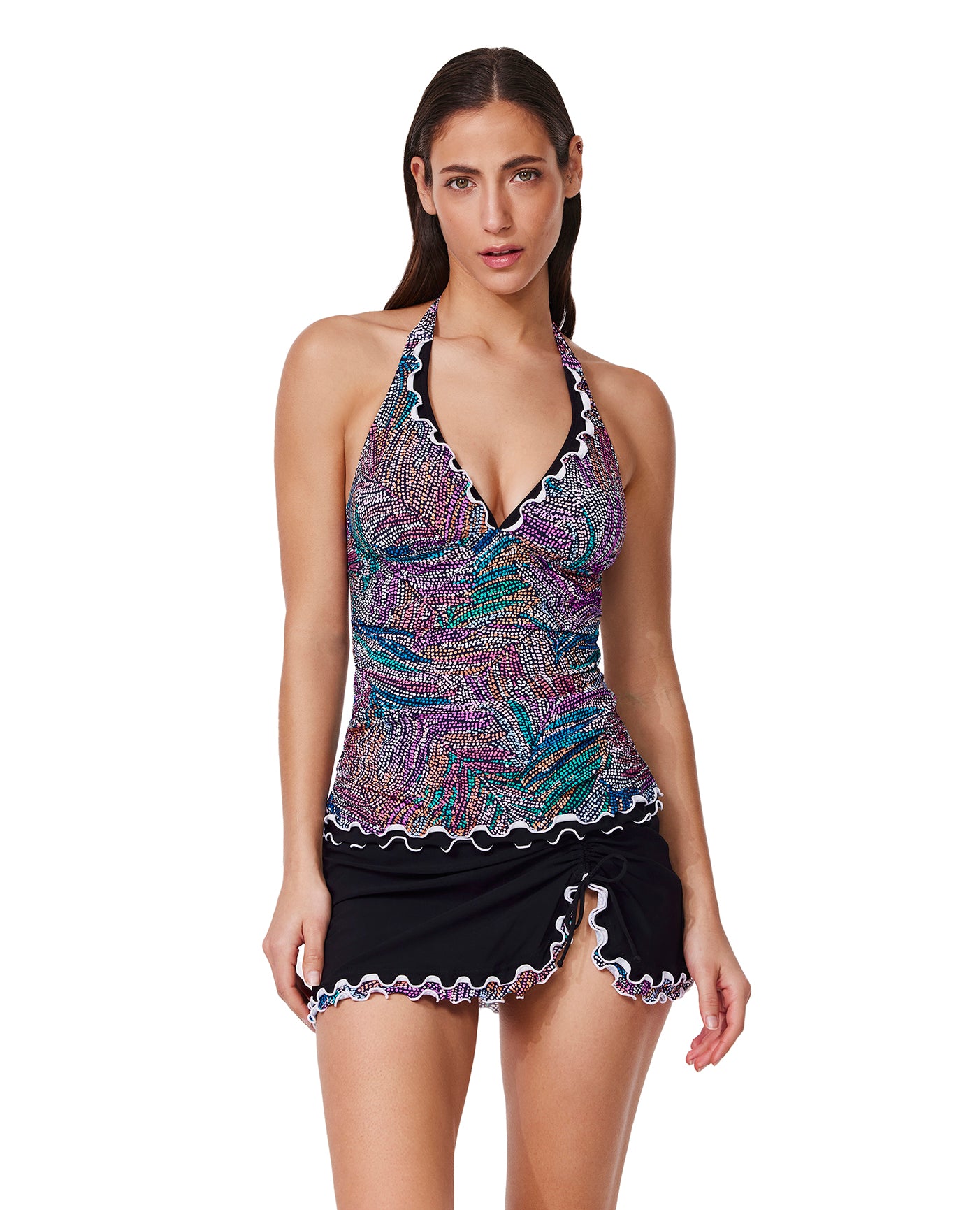 Layla Tricolore Halter Tankini Top-Blackmulti