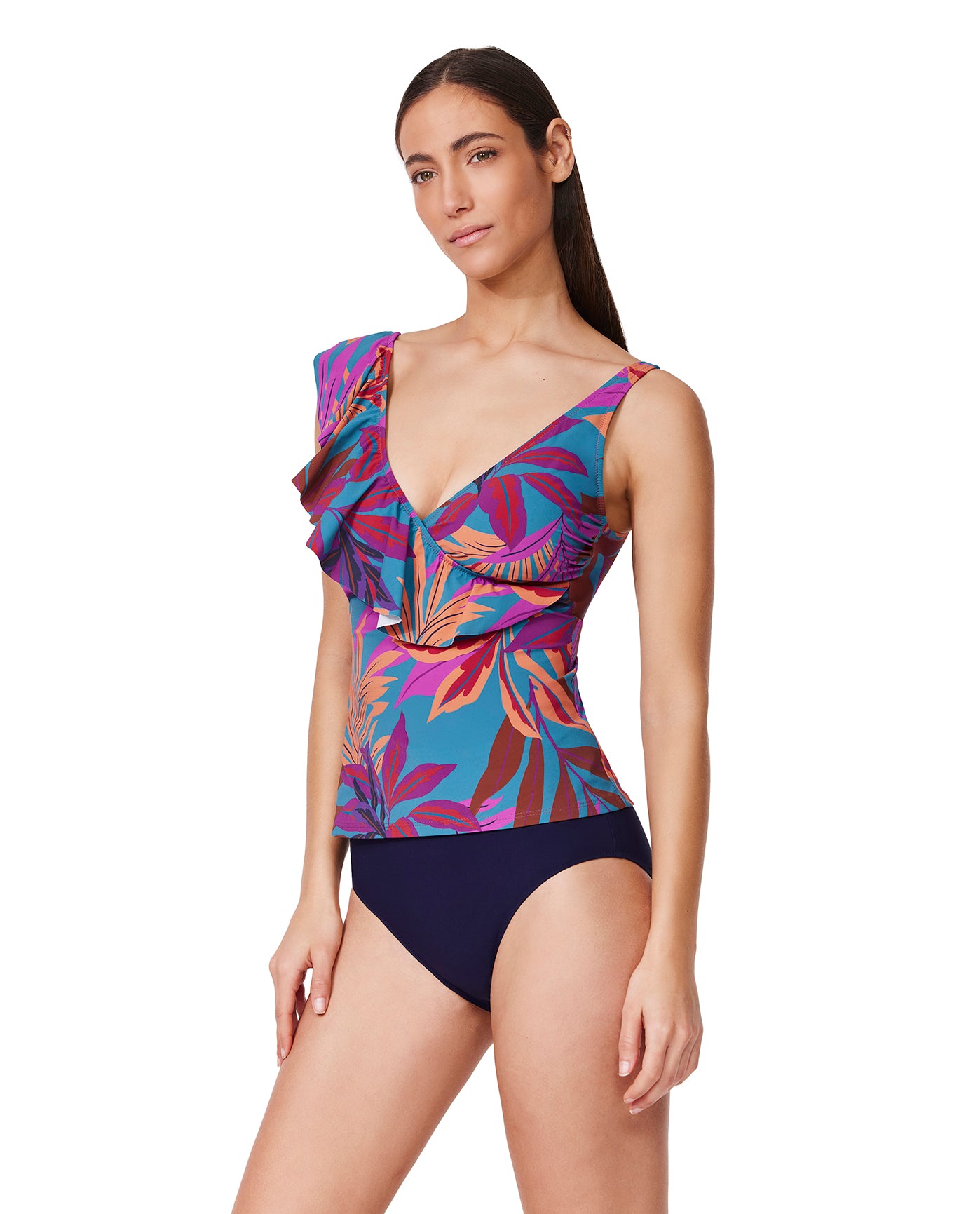 Plantopia Ruffle V Neck Surplice Tankini -Multi teal