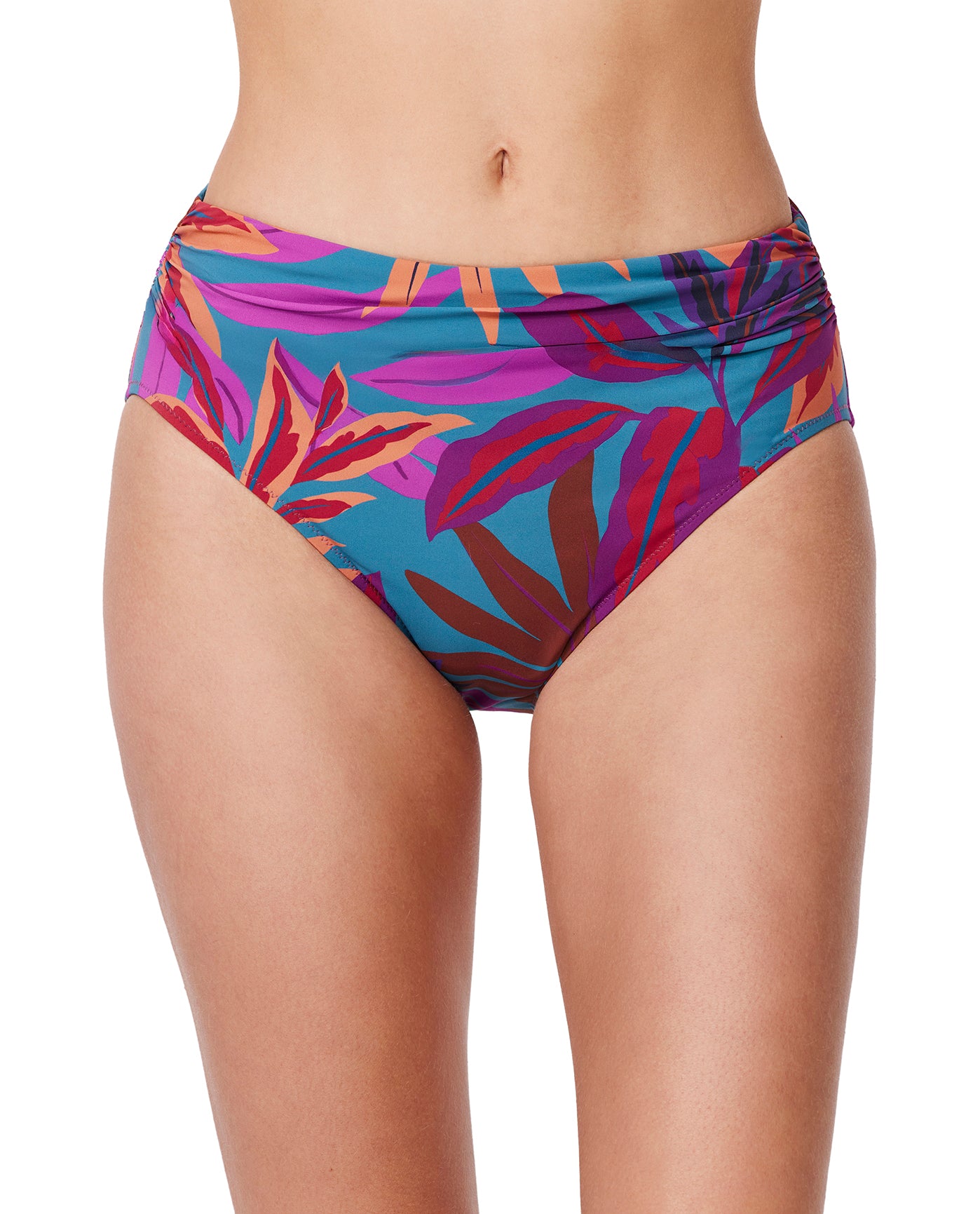 Plantopia Shirred High Waist Swim Bottom-Multi teal