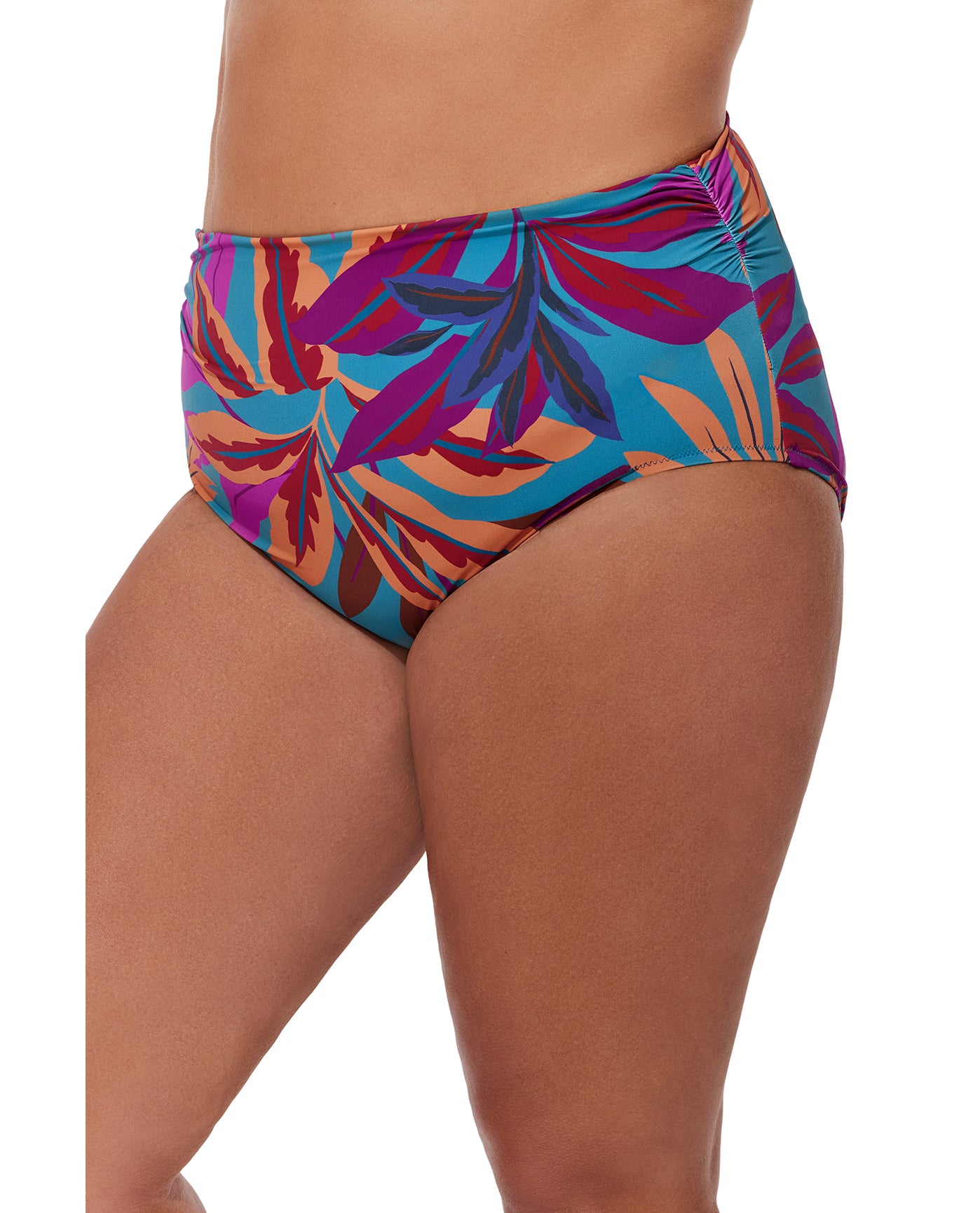 Plantopia Plus Size Shirred High Waist Swim Bottom-Multi teal