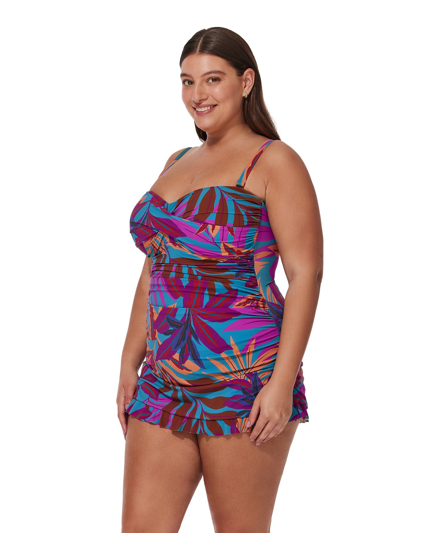 Plantopia Plus Size Bandeau Swimdress-Multi teal