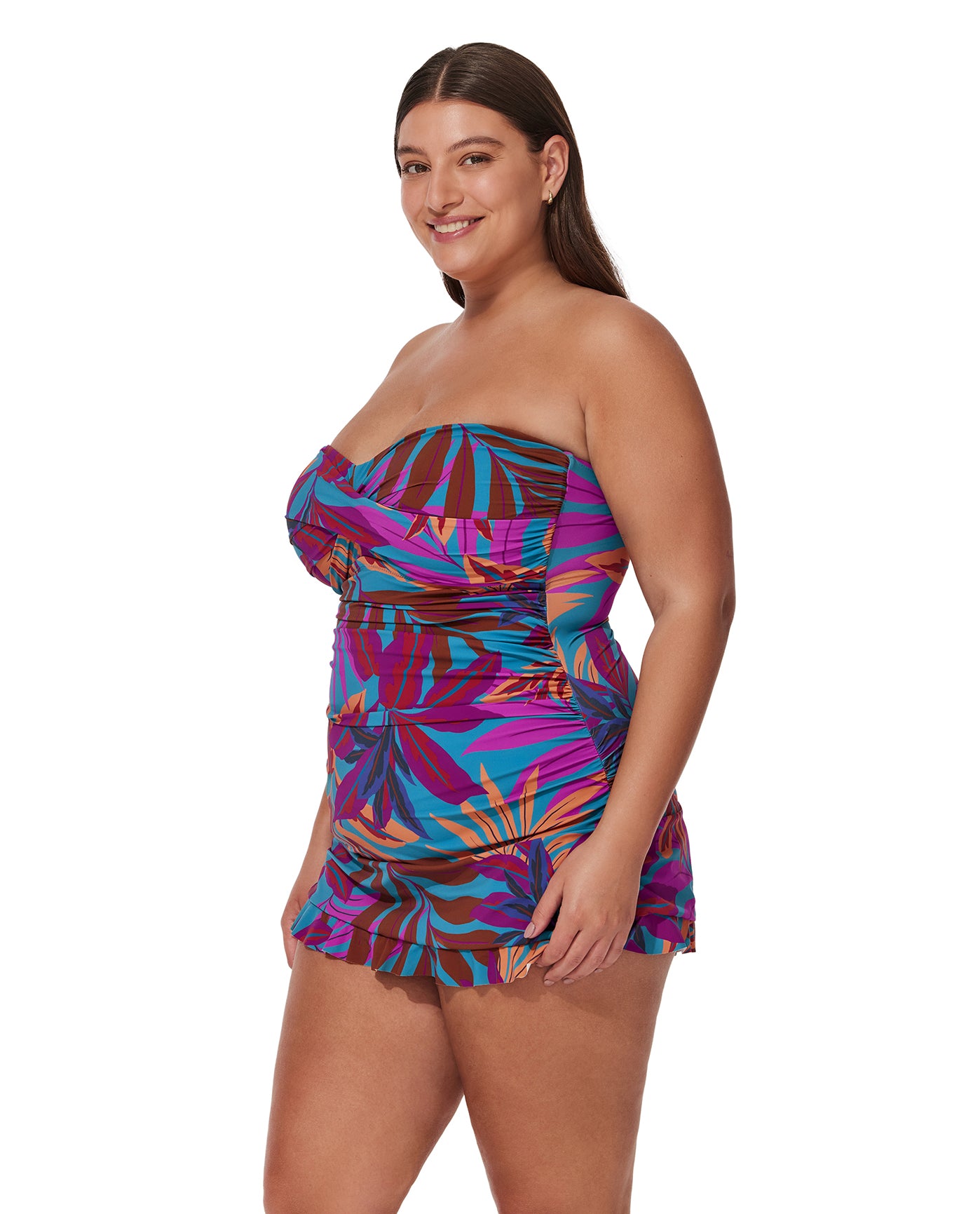 Plantopia Plus Size Bandeau Swimdress-Multi teal