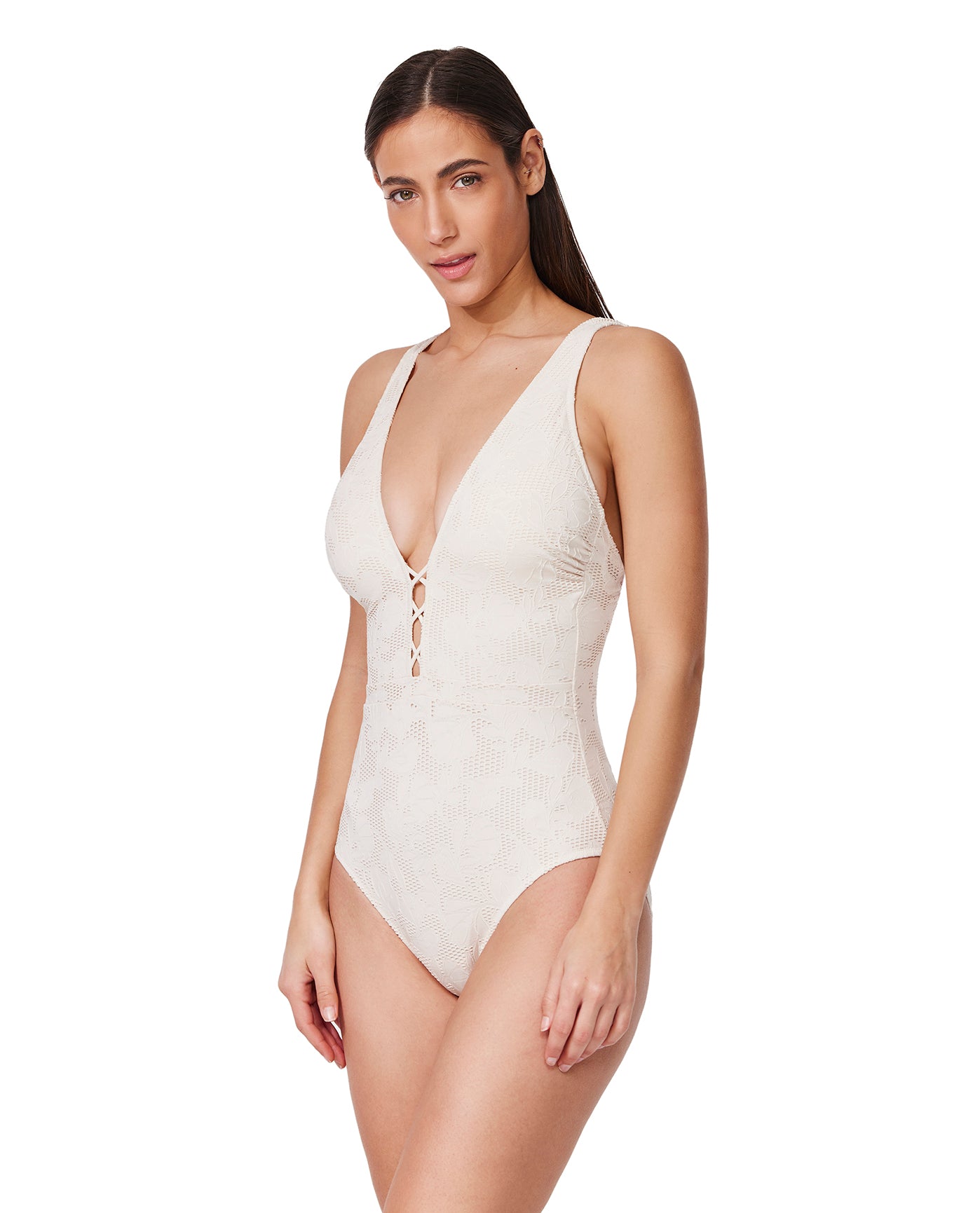 Jolene Textured Deep V Neck One Piece -Cream