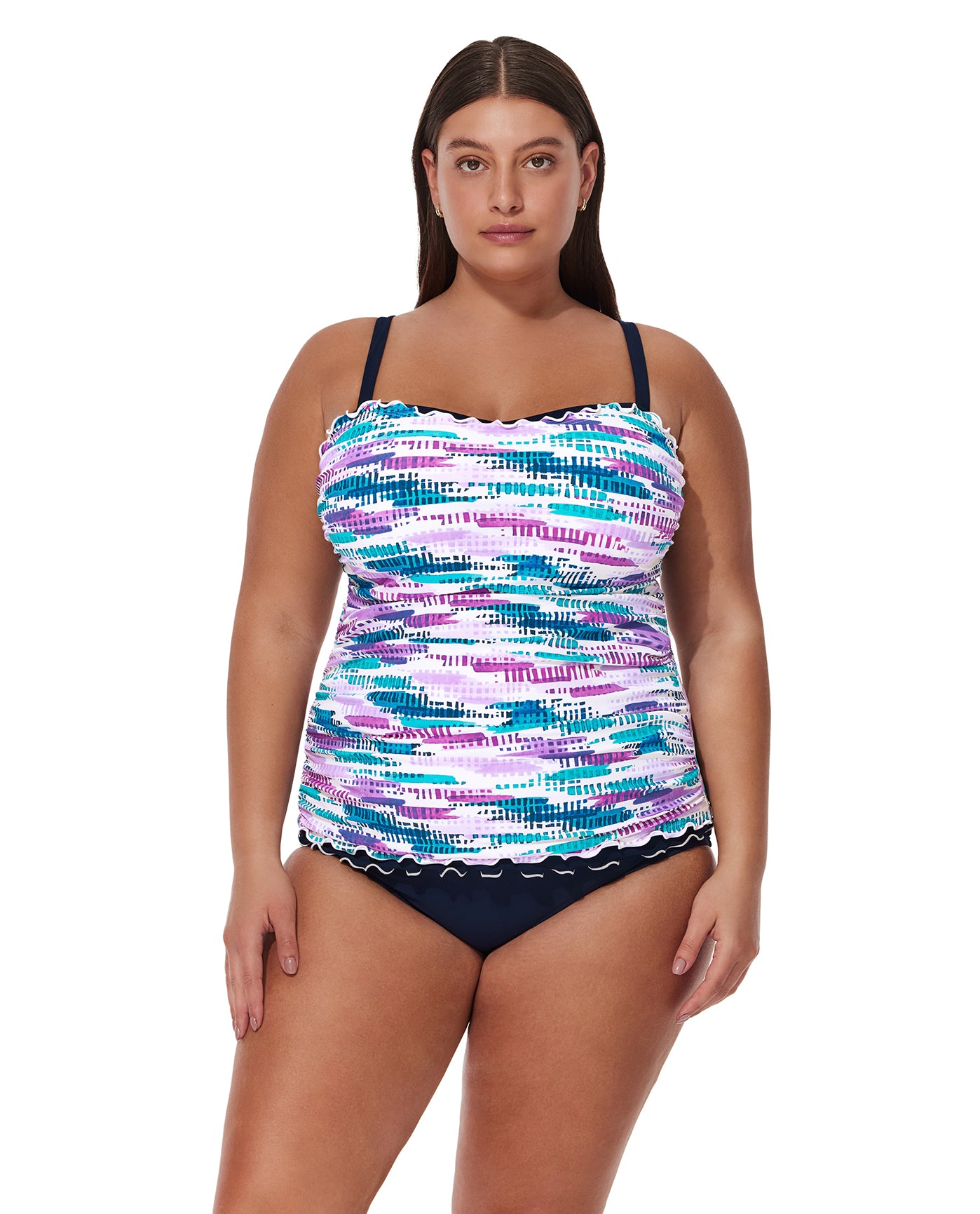 Canva Plus Size Shirred Underwire Tankini Top-Multi/blu