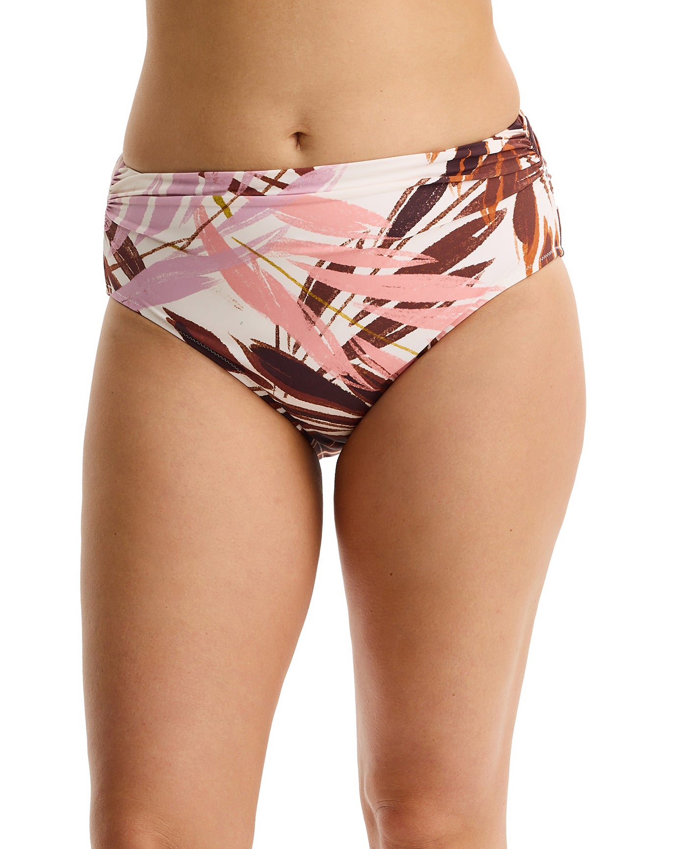 Island Breeze Shirred High Waist Swim Bottom-Brown-Pink