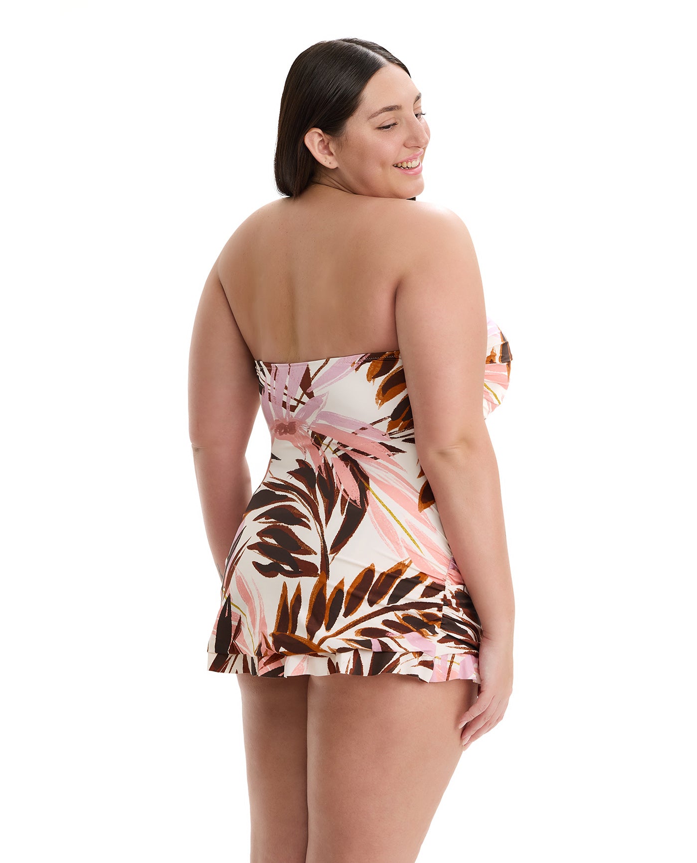 Island Breeze Plus Size Bandeau Swimdress-Brown-Pink
