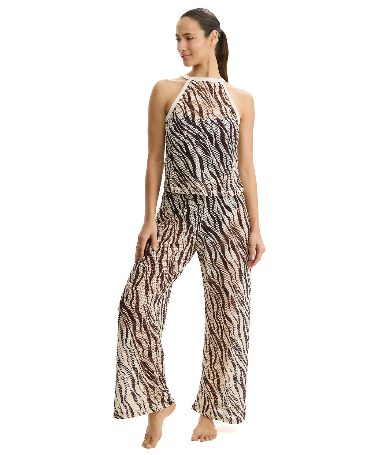Profile by Gottex Safari Chic Textured High Neck Top Cover-Up-Cream-Brown