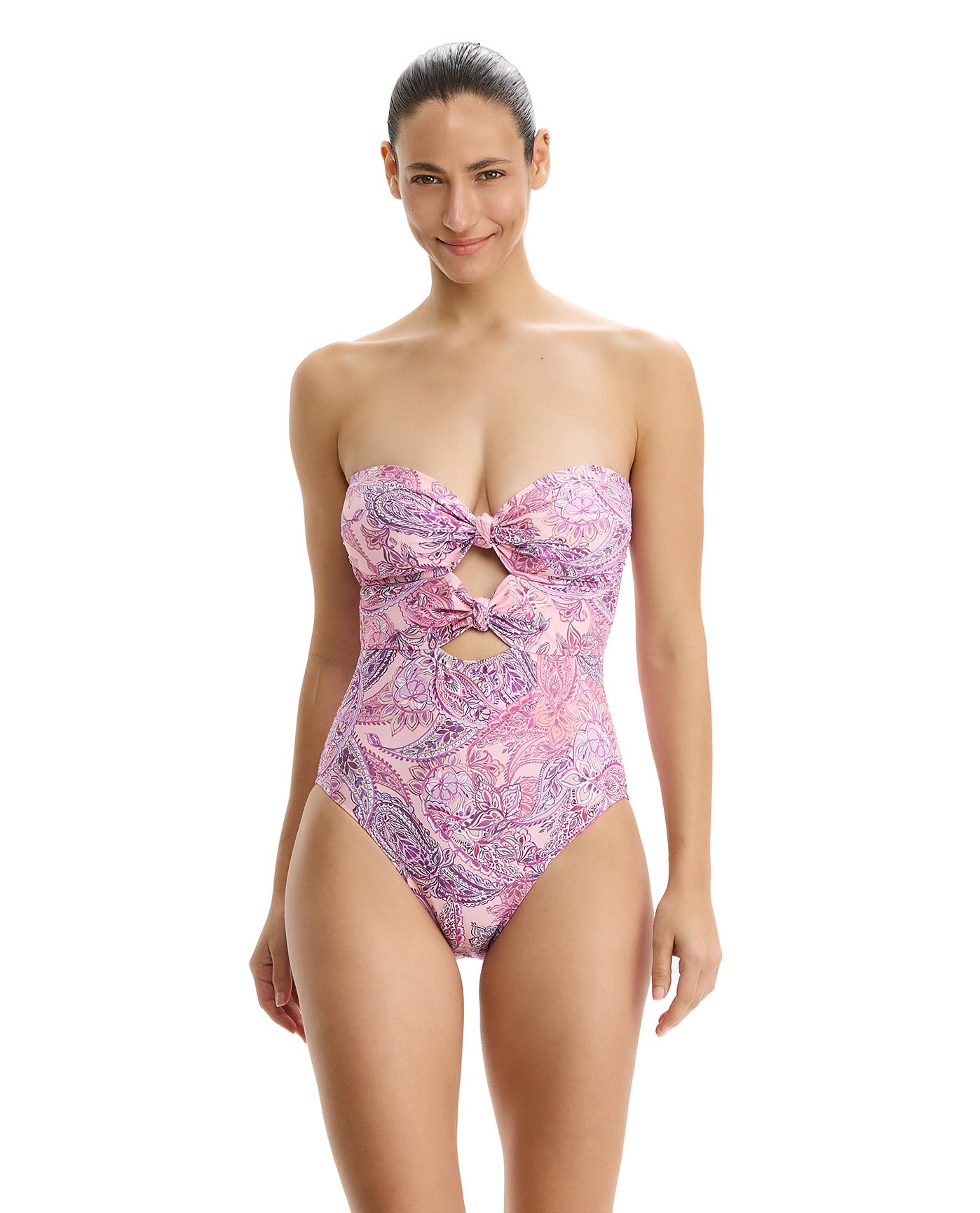 Boho Bloom Cut Out Bandeau One Piece-Pink Multi