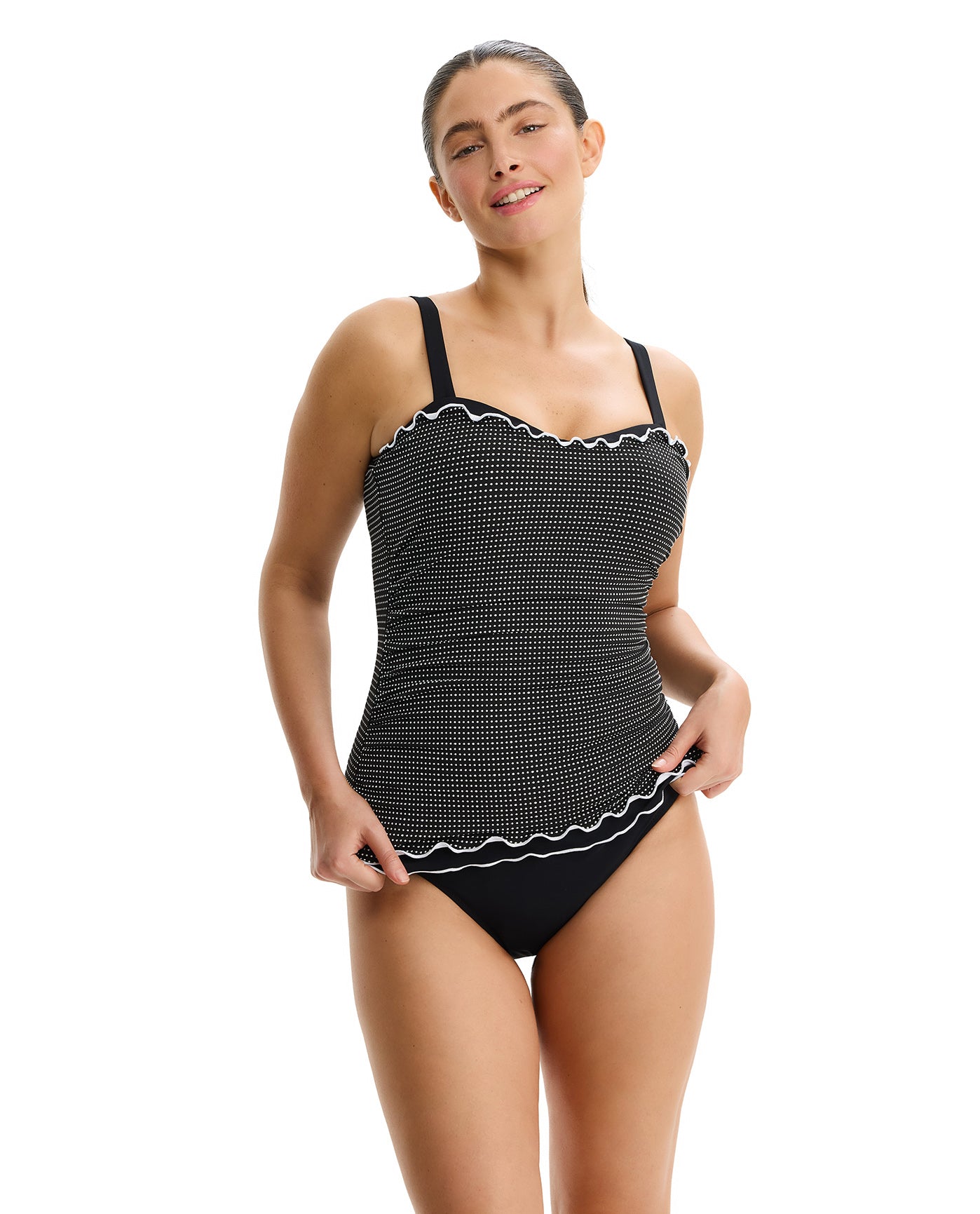 Dottie Delight Textured D-Cup Tankini Top -Black-White