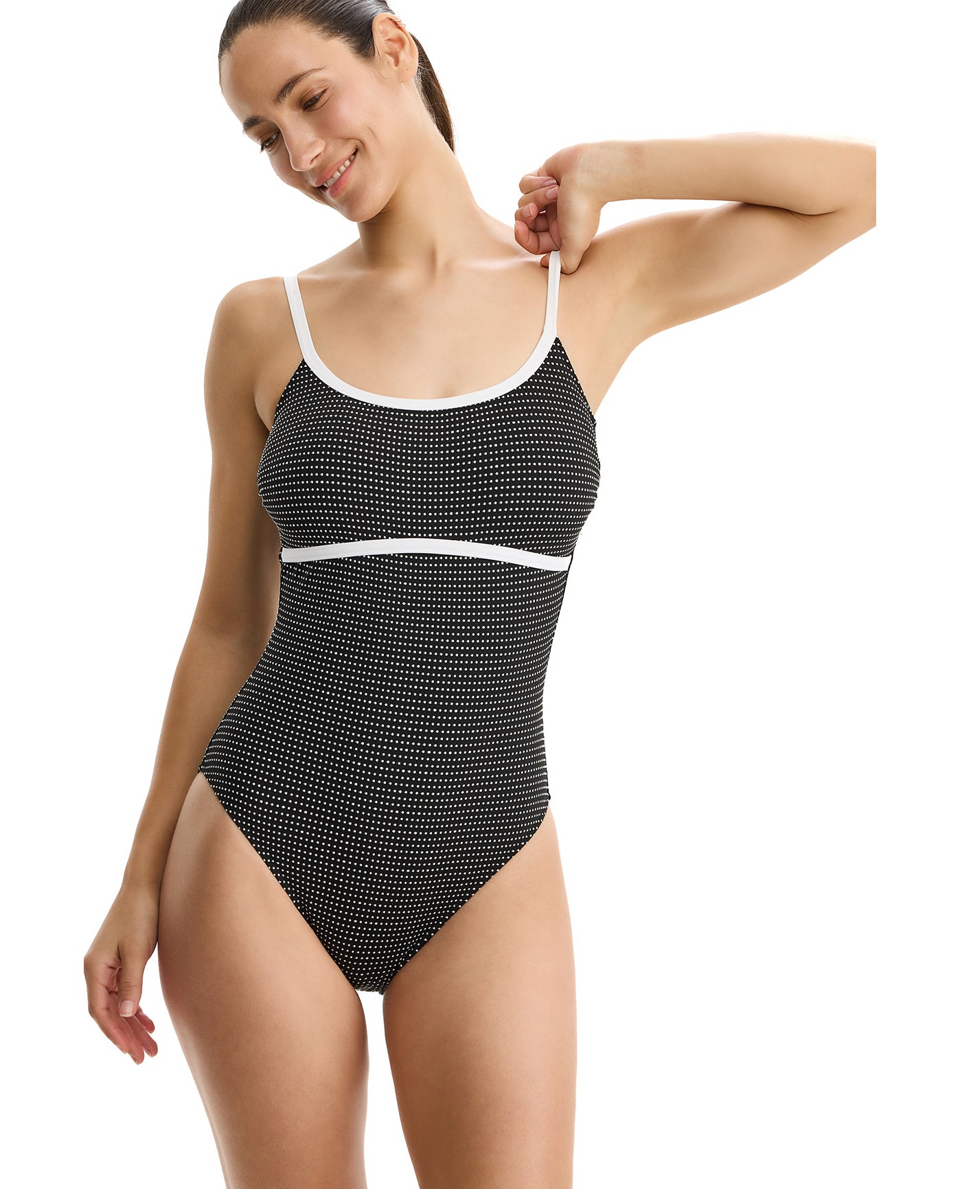 Dottie Delight Textured Square Neck One Piece -Blk/wh