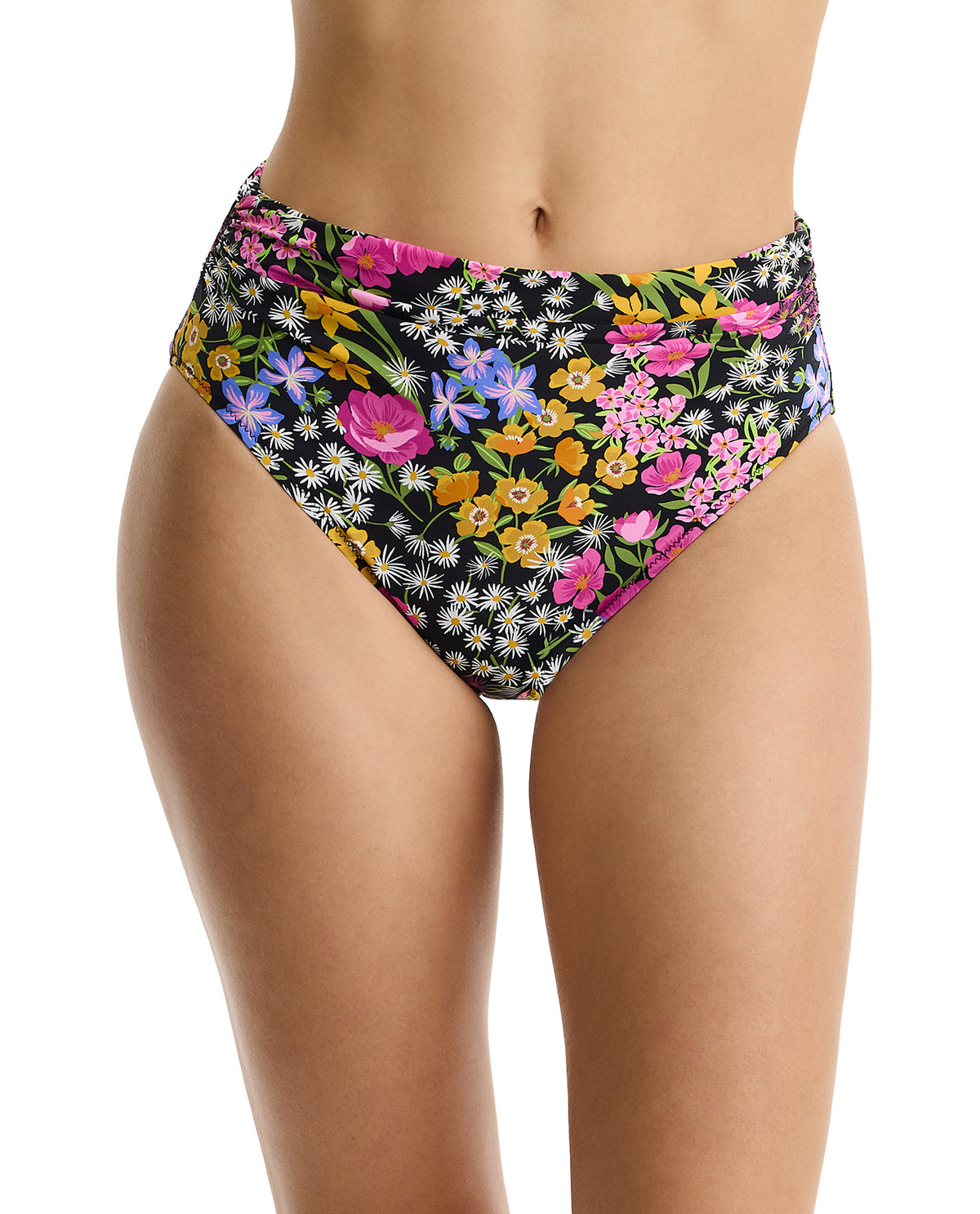 Havana Heat Shirred High Waist Swim Bottom-Black-Multi