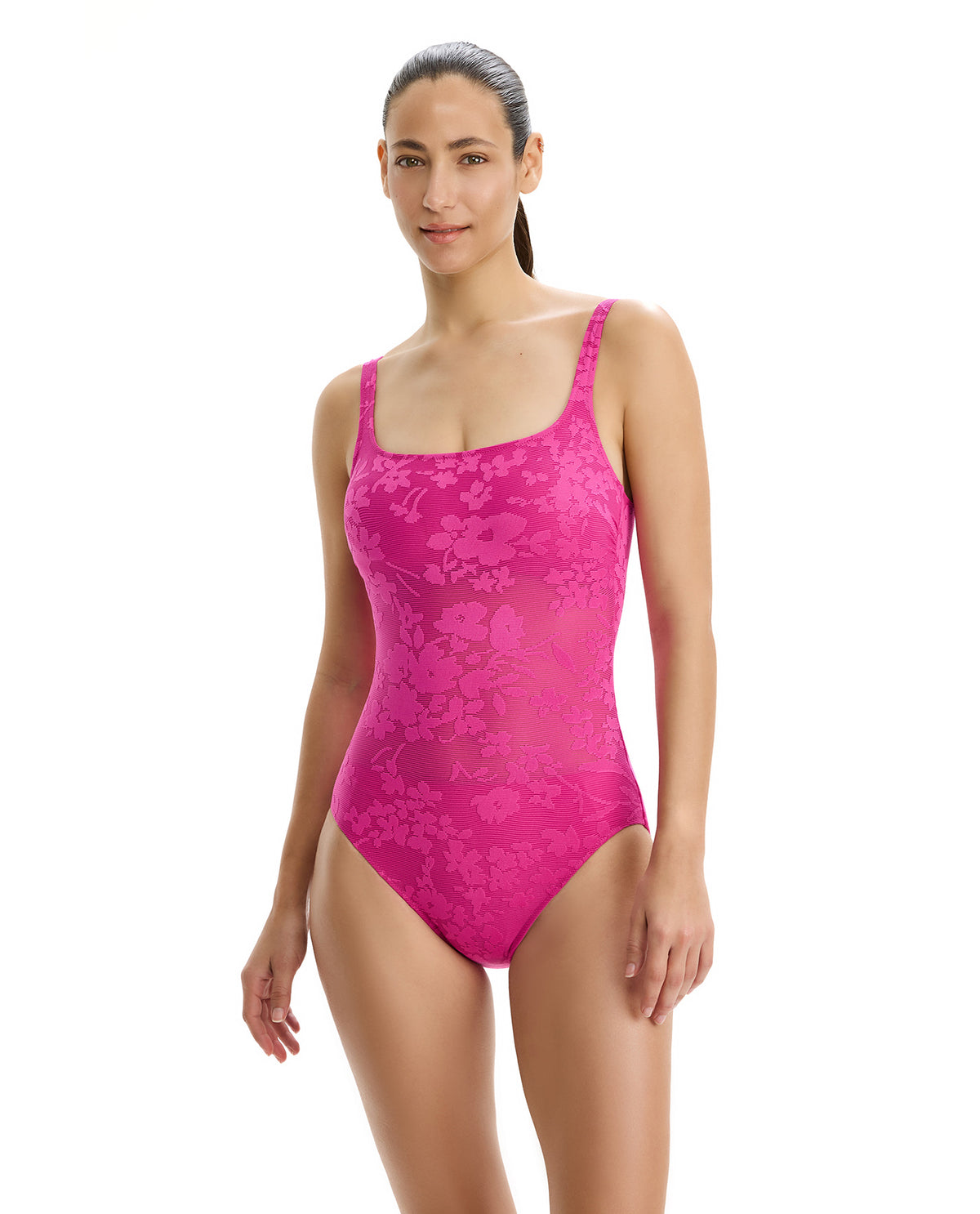 Chantilly Lace Textured Square Neck One Piece -Pink