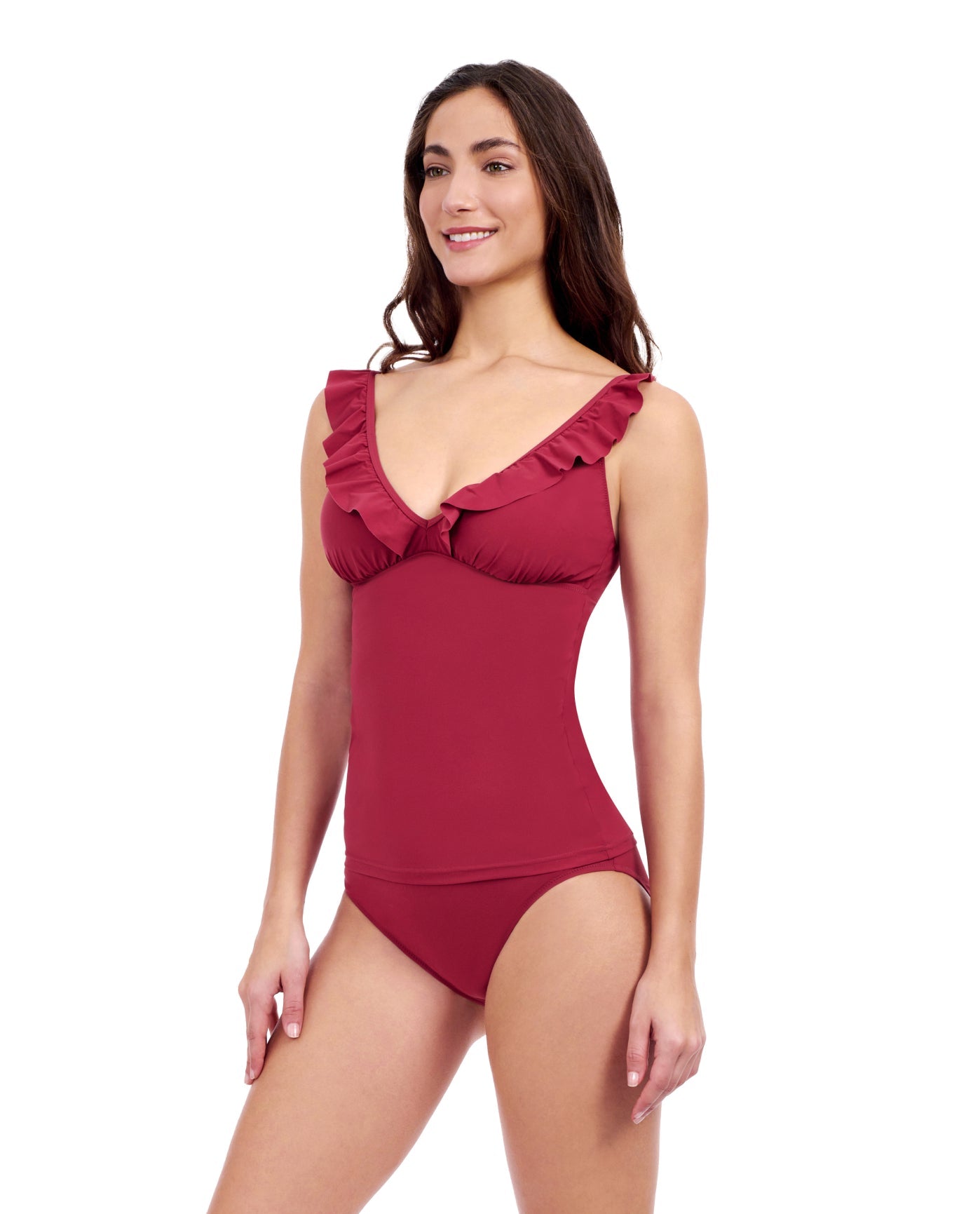Tutti Frutti D Cup V Neck Frill Tankini Top - Brick