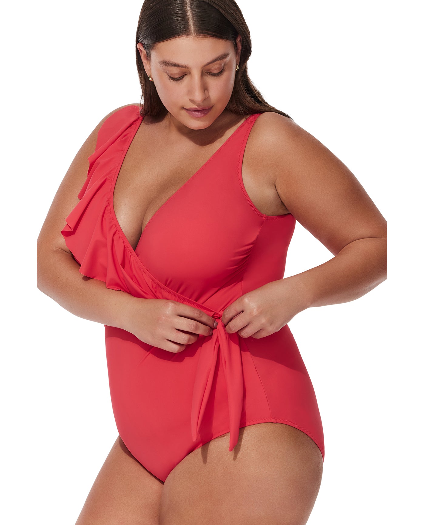 Tutti Frutti Plus Size Ruffle Surplice One Piece-Coral
