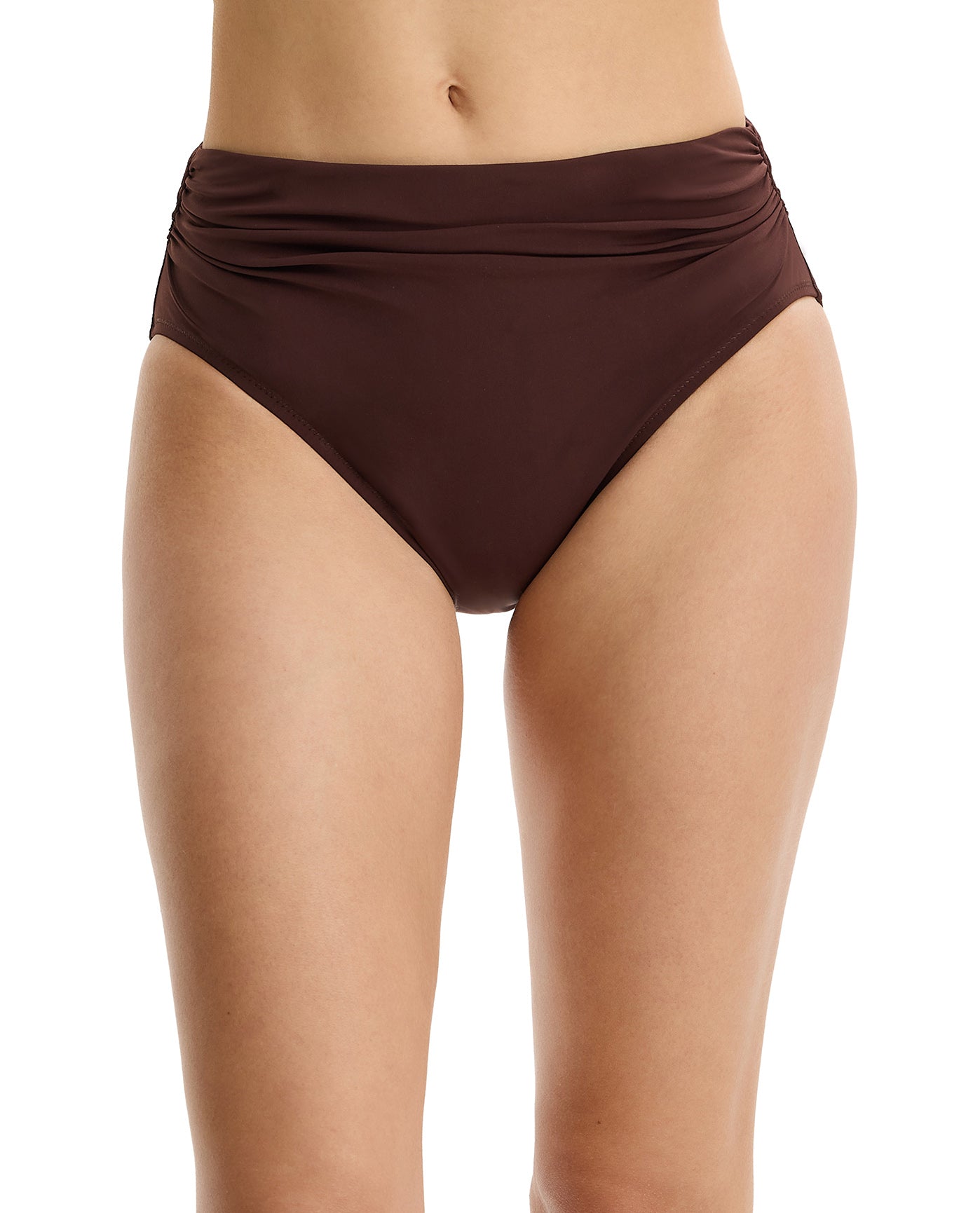 Dream Weaver Shirred Mid Rise Swim Bottom-Brown