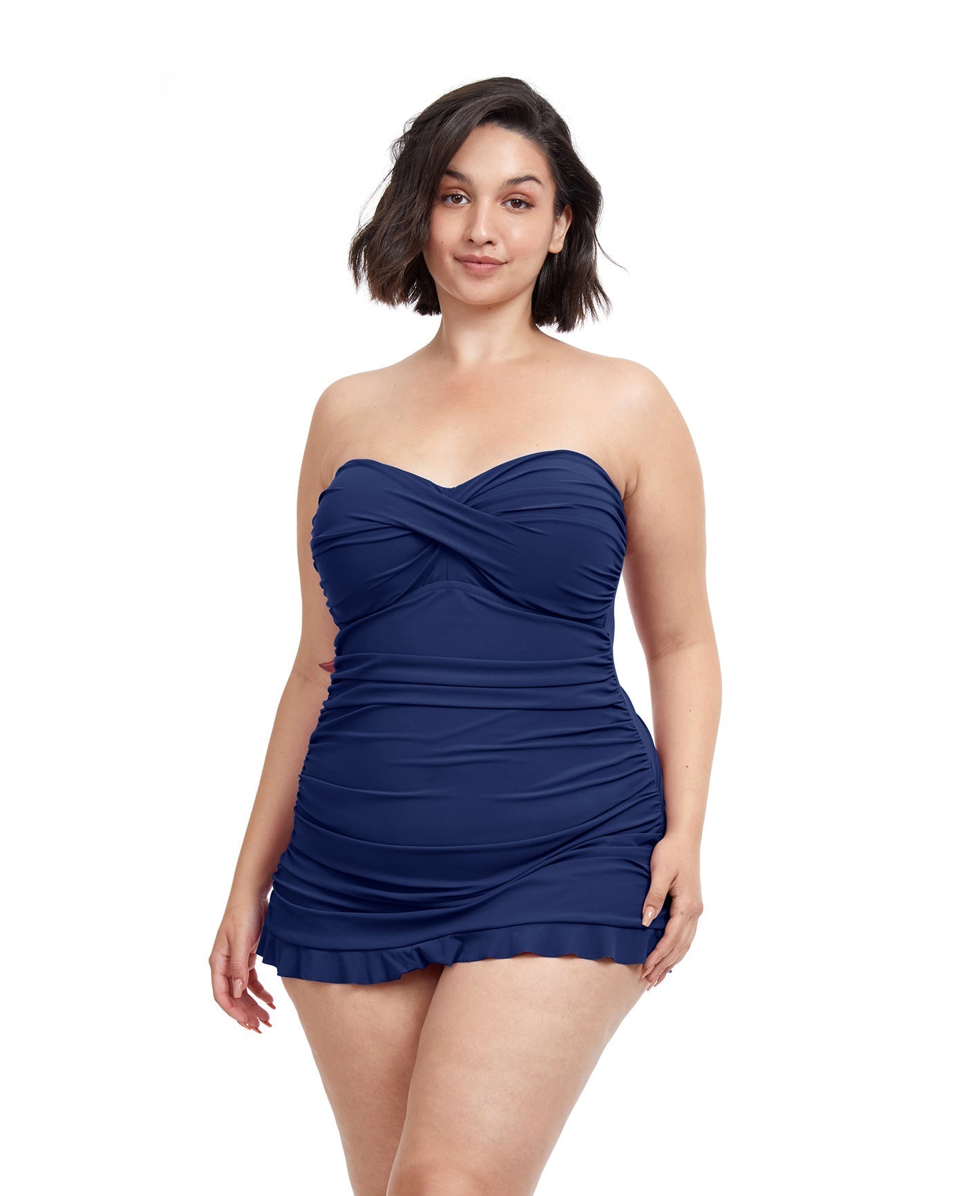 Profile by Gottex Tutti Frutti Navy Plus Size Cross Over Bandeau Strapless Swimdress Profile by Gottex Tutti Frutti Navy Plus Size Cross Over Bandeau Strapless Swimdress