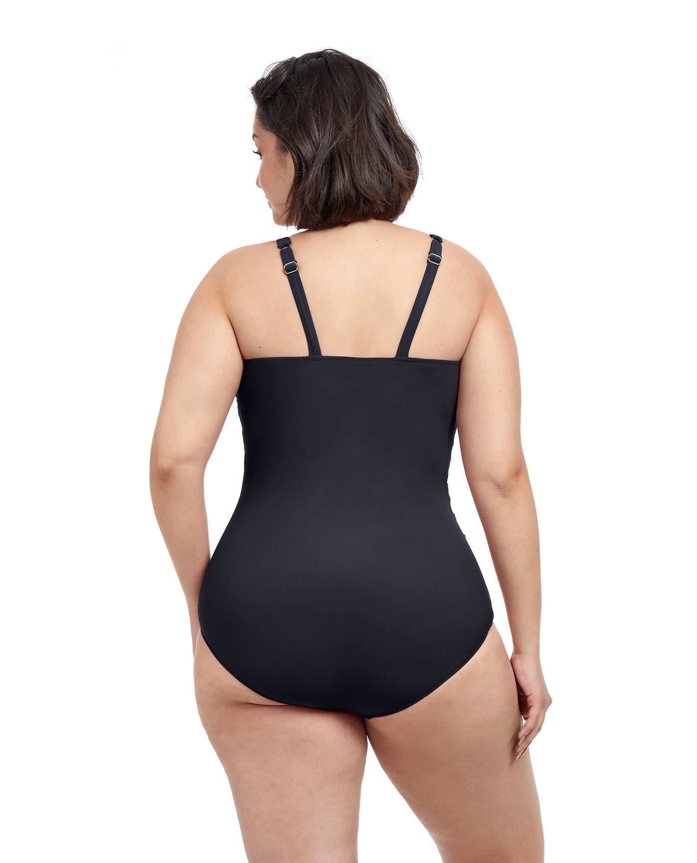 Back View Of Profile By Gottex Tutti Frutti Plus Size Scoop Neck Shirred Underwire One Piece Swimsuit | PROFILE TUTTI FRUTTI BLACK
