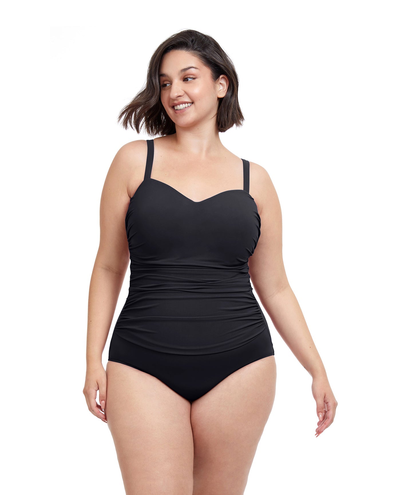 Front View Of Profile By Gottex Tutti Frutti Plus Size Scoop Neck Shirred Underwire One Piece Swimsuit | PROFILE TUTTI FRUTTI BLACK