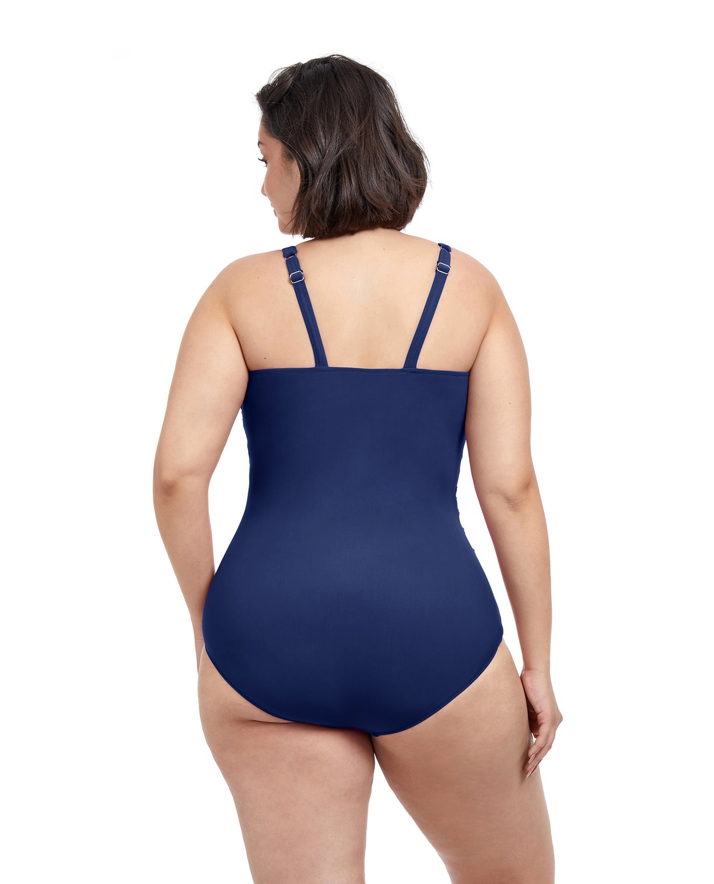Back View Of Profile By Gottex Tutti Frutti Plus Size Scoop Neck Shirred Underwire One Piece Swimsuit | PROFILE TUTTI FRUTTI NAVY