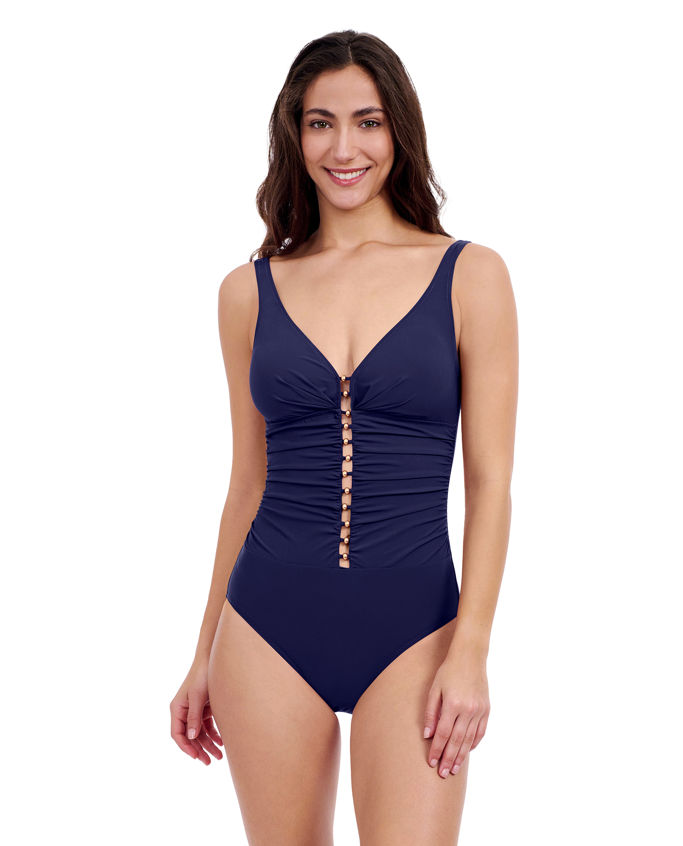 Profile By Gottex Tutti Frutti D-Cup V-Neck Gold Beaded One Piece Swimsuit | Profile Tutti Frutti Navy