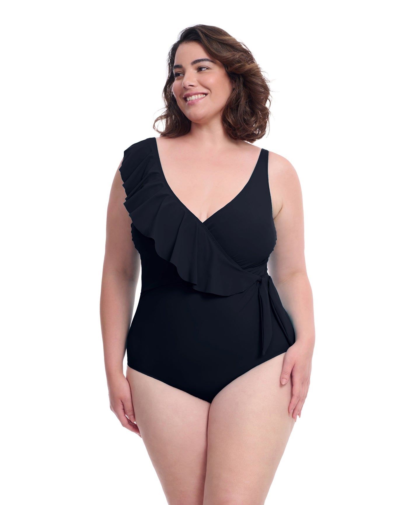 Profile By Gottex Tutti Frutti Plus Size Asymmetrical Ruffle Surplice One Piece Swimsuit | PROFILE TUTTI FRUTTI BLACK