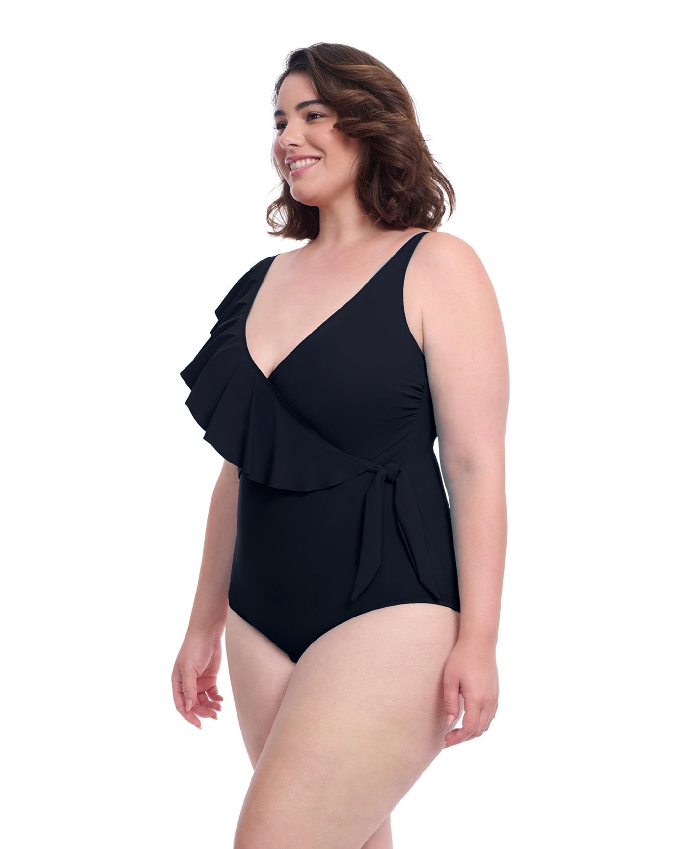 Profile By Gottex Tutti Frutti Plus Size Asymmetrical Ruffle Surplice One Piece Swimsuit | PROFILE TUTTI FRUTTI BLACK