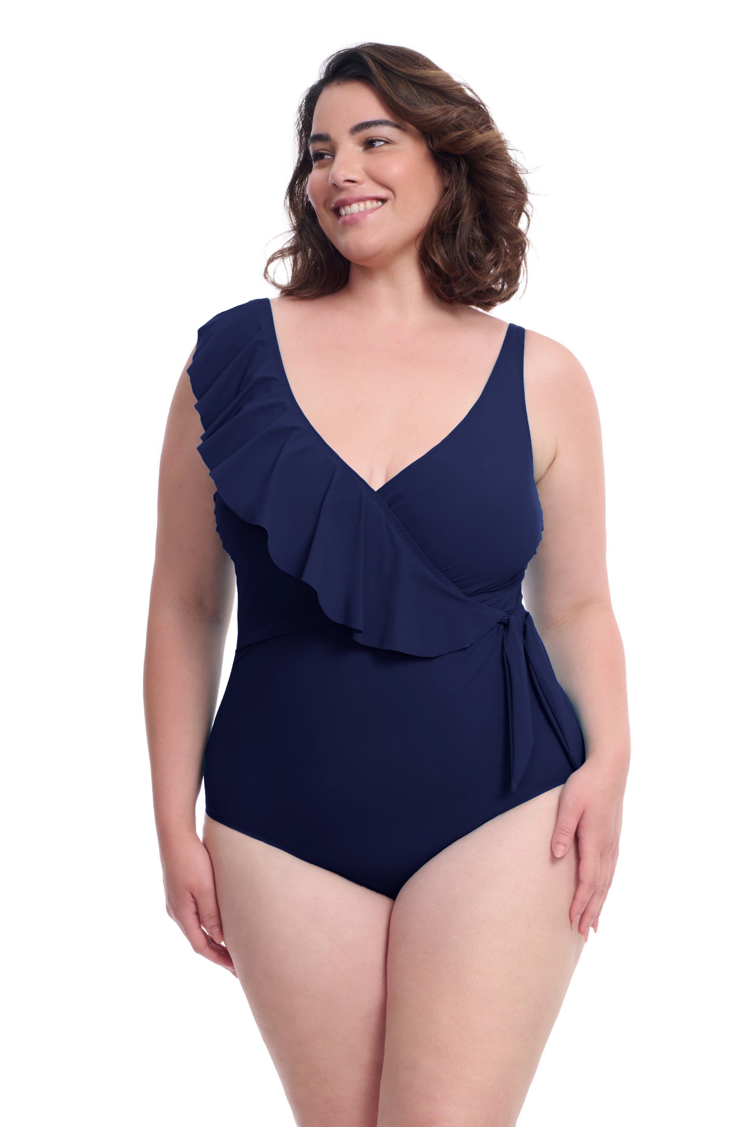 Profile By Gottex Tutti Frutti Plus Size Asymmetrical Ruffle Surplice One Piece Swimsuit | PROFILE TUTTI FRUTTI NAVY