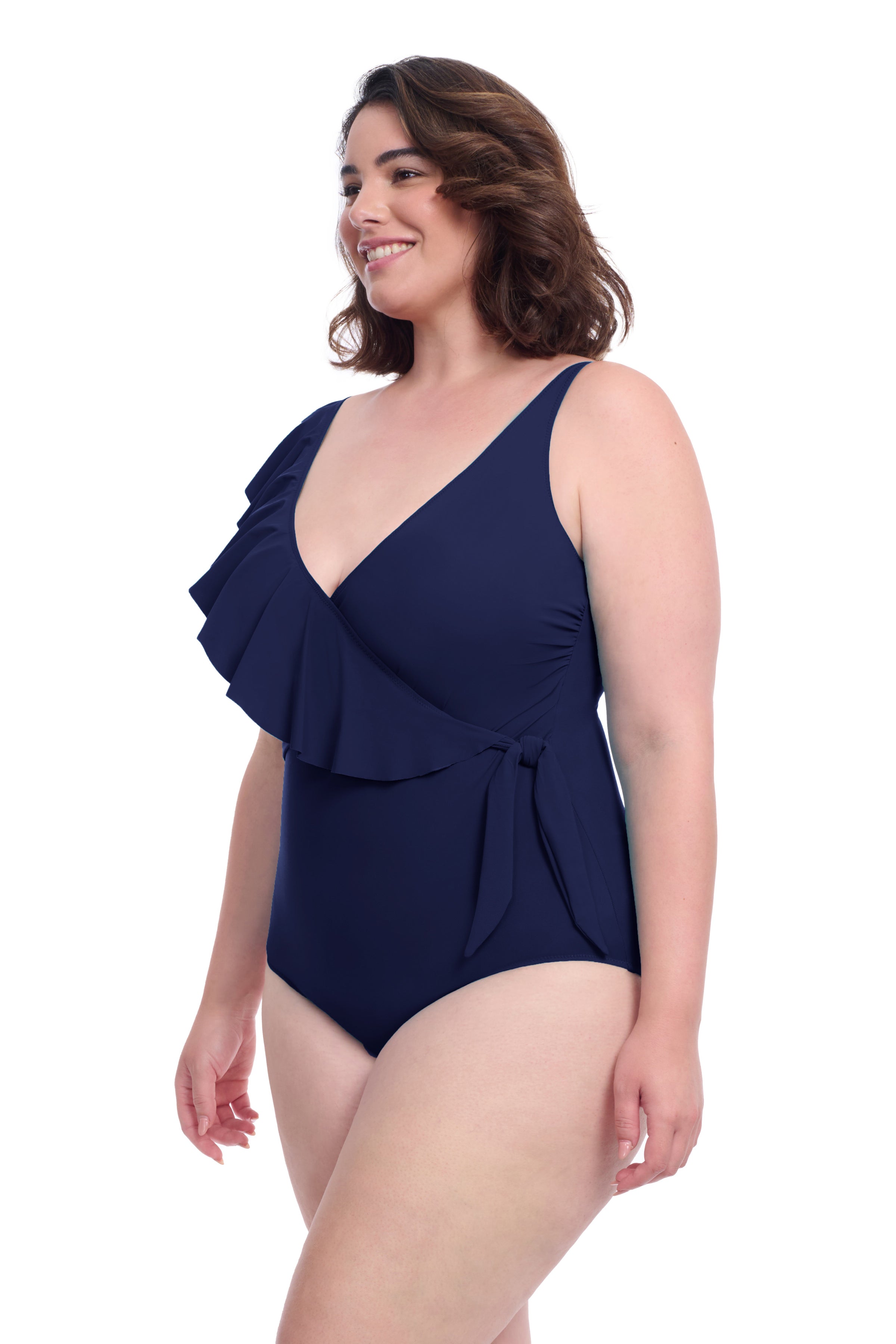 Profile By Gottex Tutti Frutti Plus Size Asymmetrical Ruffle Surplice One Piece Swimsuit | PROFILE TUTTI FRUTTI NAVY