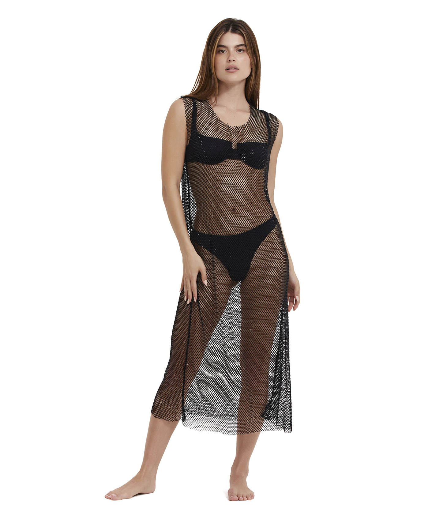 Front View Of Rhinestone Mesh Cover-Up Dress | black-001