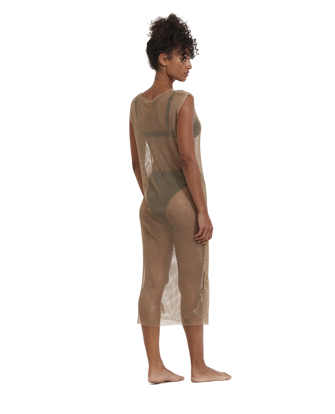 Back View Of Rhinestone Mesh Cover-Up Dress | beige-270
