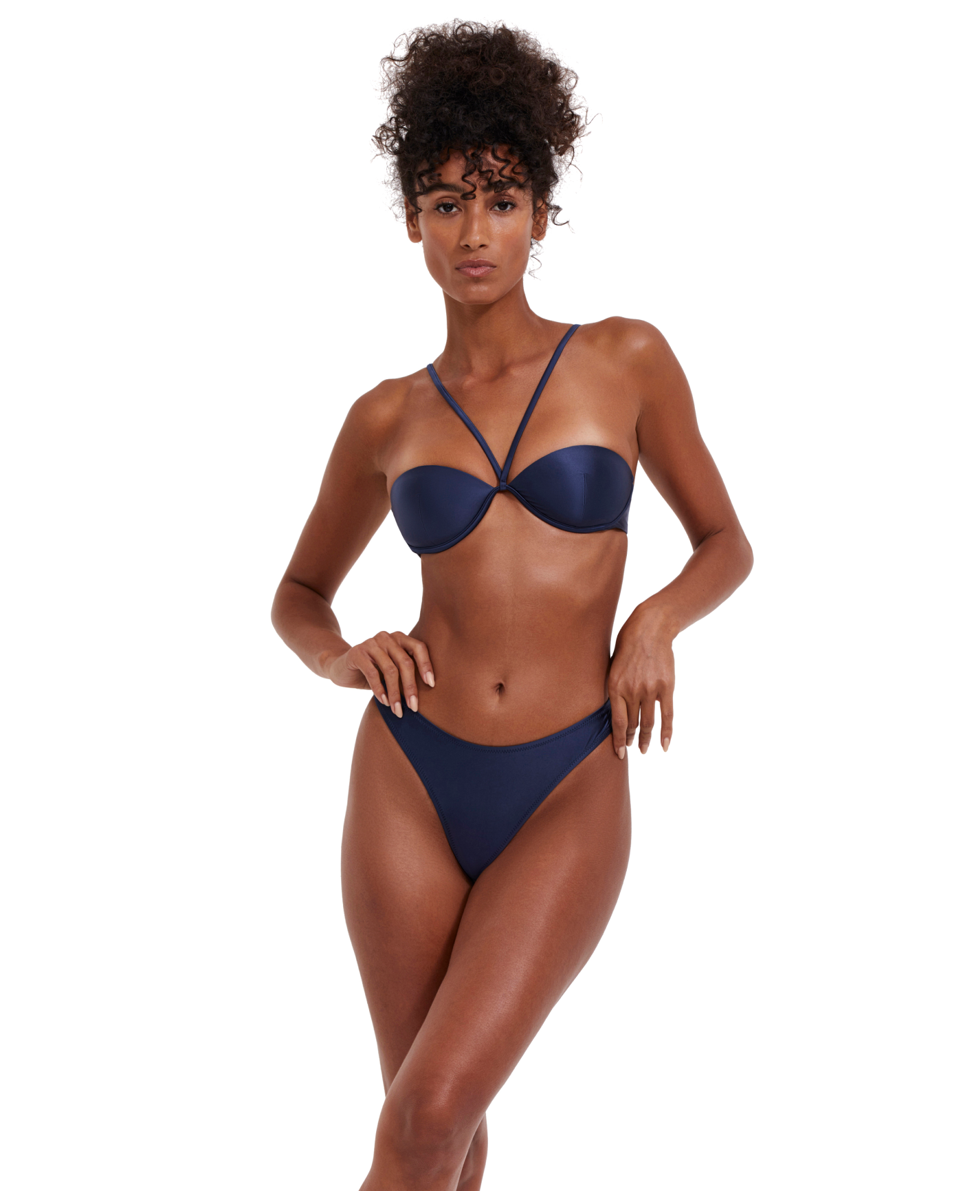 Satin Touch Molded Cups Halter Bikini Top - Navy