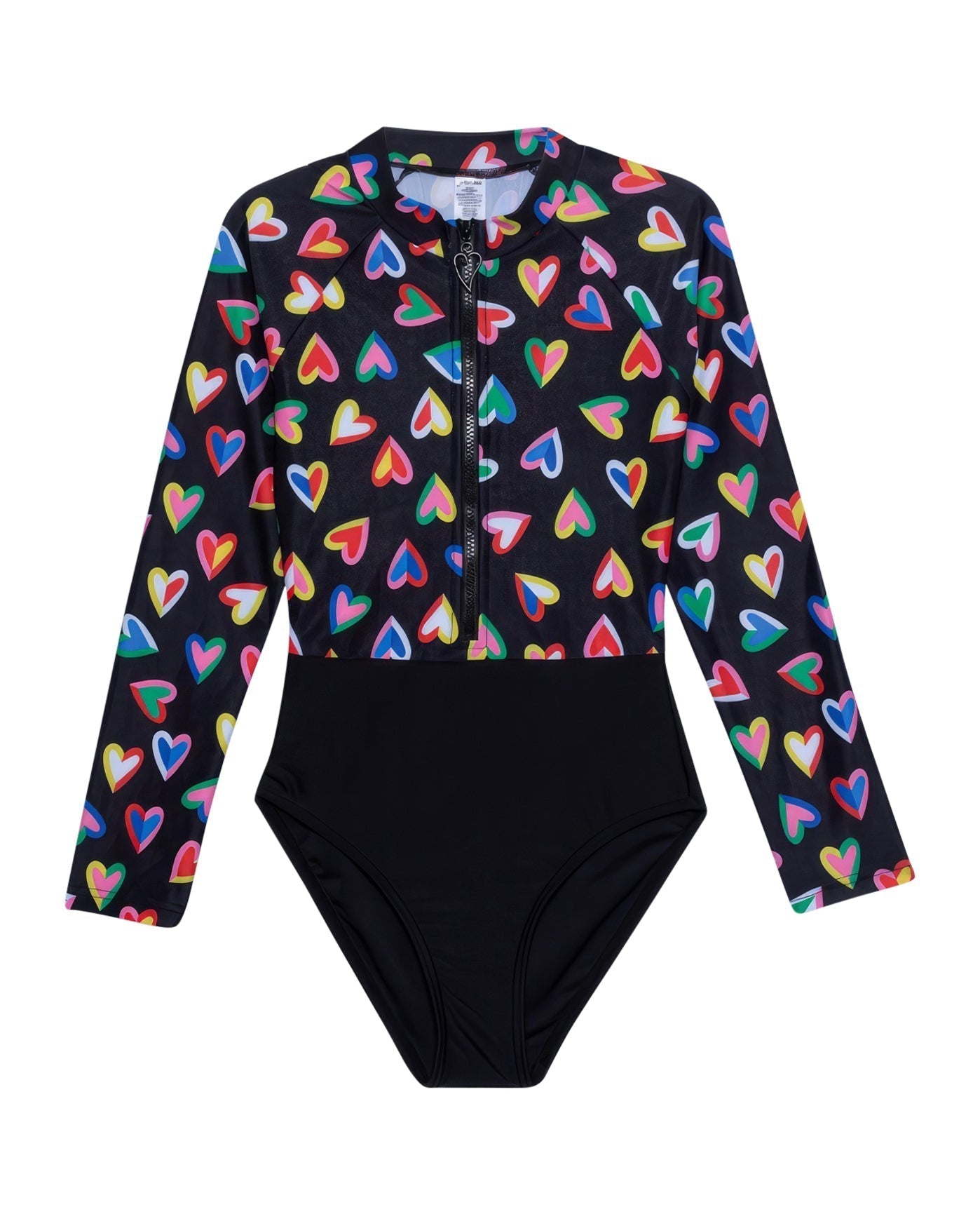 Hearts Long Sleeve Zip Up Rash Guard One Piece Swimsuit