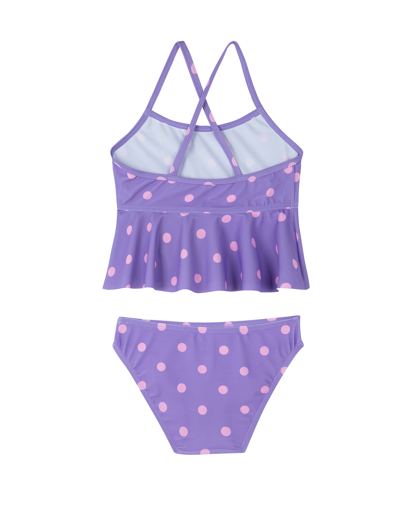 Back View Of Dot Dot Dot Scoop Neck Ruffle Swim Set | purple