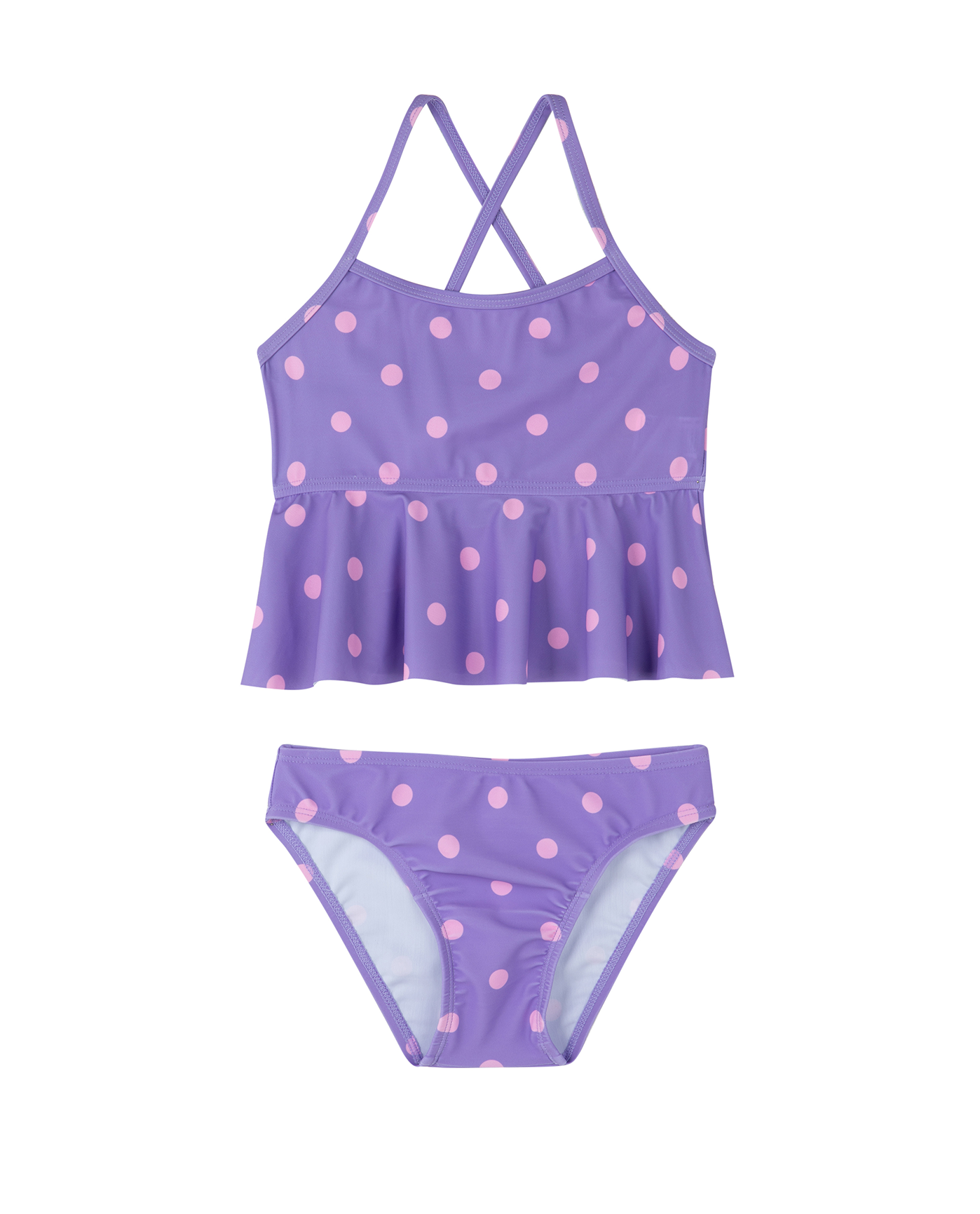 Front View Of Dot Dot Dot Scoop Neck Ruffle Swim Set | purple