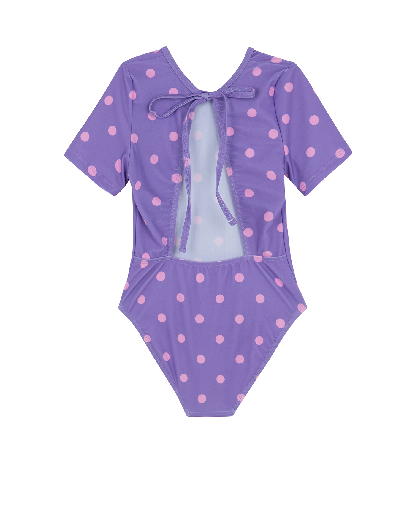 Back View Of Dot Dot Dot Short Sleeve Open Tie Back One Piece | purple