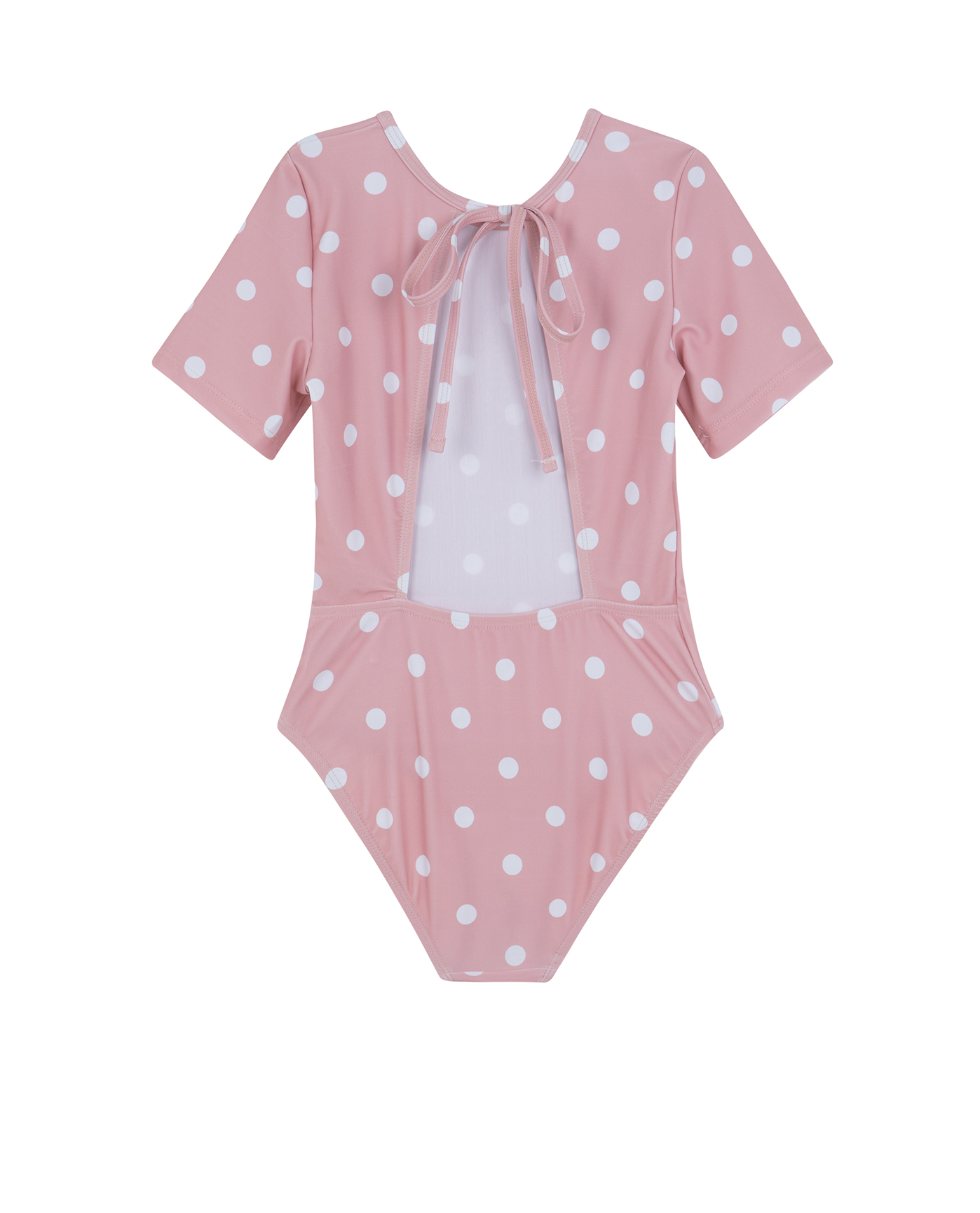 Back View Of Dot Dot Dot Short Sleeve Open Tie Back One Piece | pink
