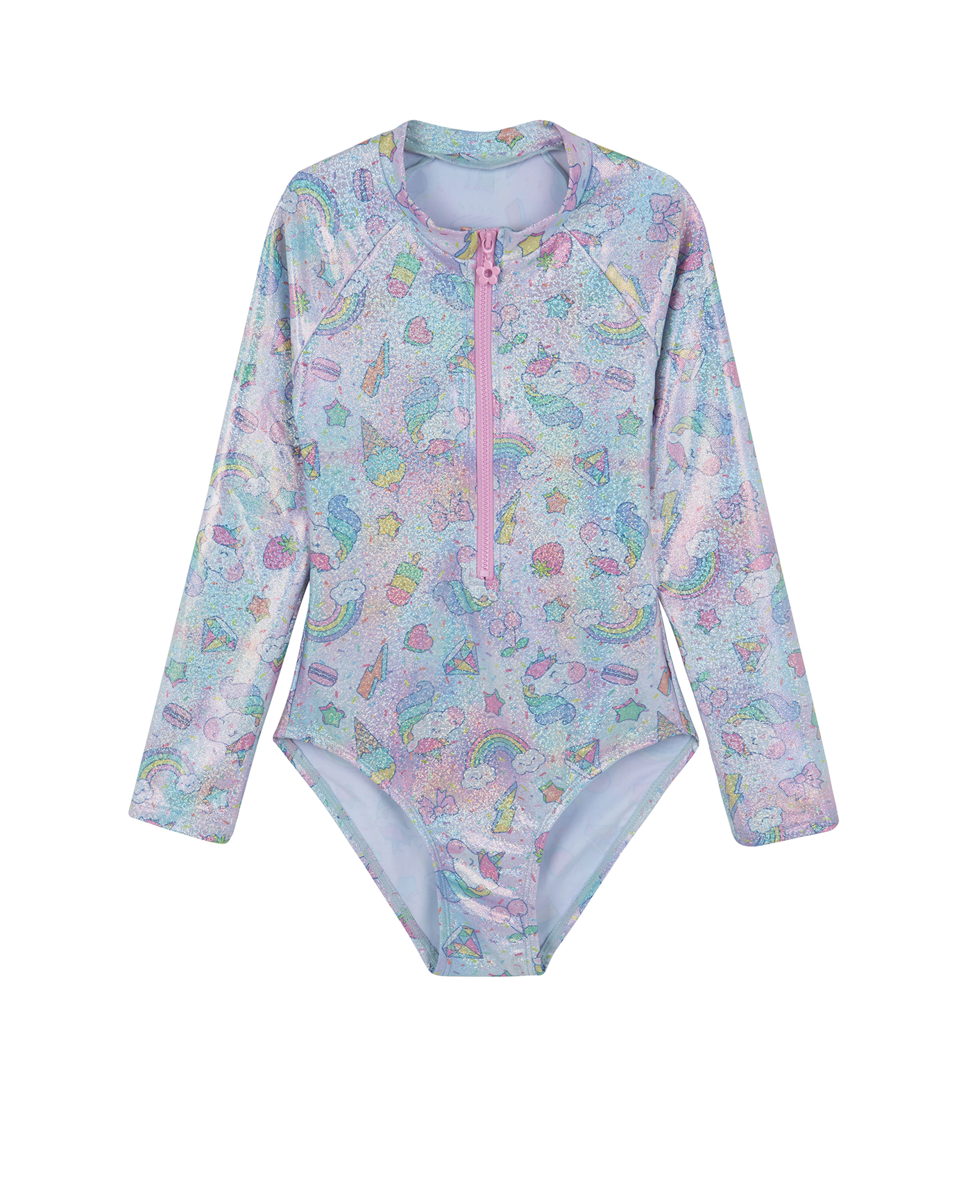 Front View Of Unicorn Squad Long Sleeve Zip Front One Piece | unicorn-multi